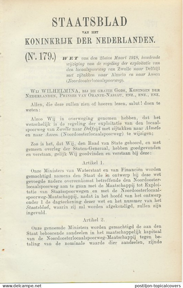 Staatsblad 1918 : Spoorlijn Zwolle - Delfzijl - Almelo - Assen - Historische Documenten
