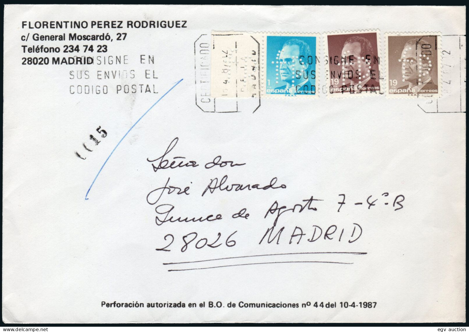 Madrid - Perforado - Edi O 2834(2)+2794 - Mat Rodillo "Certificado Madrid 14/4/87" + Perforación "fp" A Madrid - Briefe U. Dokumente