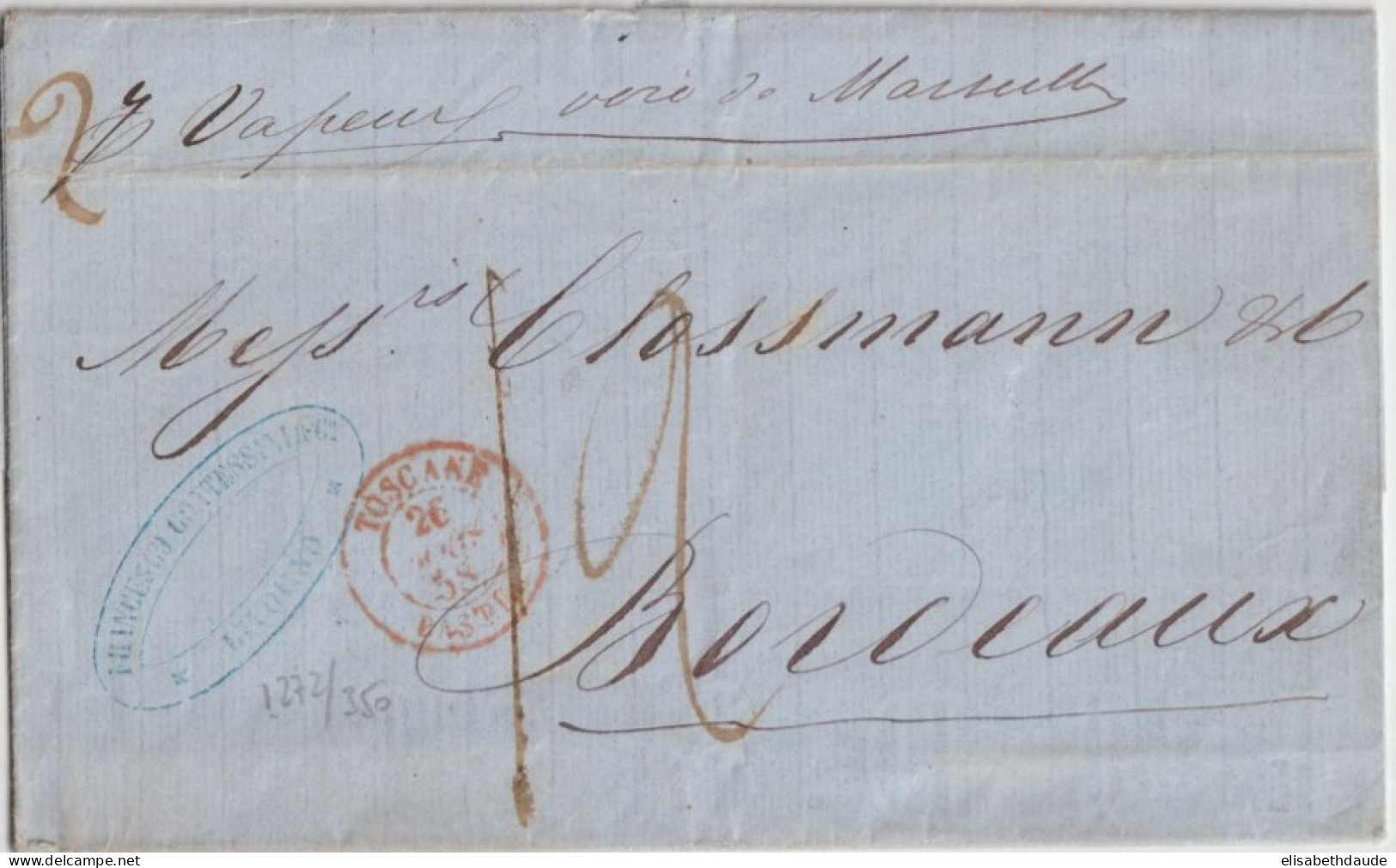MARITIME - 1858 - ENTREE TOSCANE BASTIA  / LETTRE De LIVORNO => BORDEAUX - Maritime Post