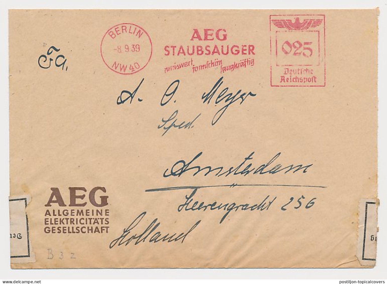 Censored Meter Cover Deutsche Reichspost / Germany 1939 Vacuum Cleaner - AEG - Unclassified