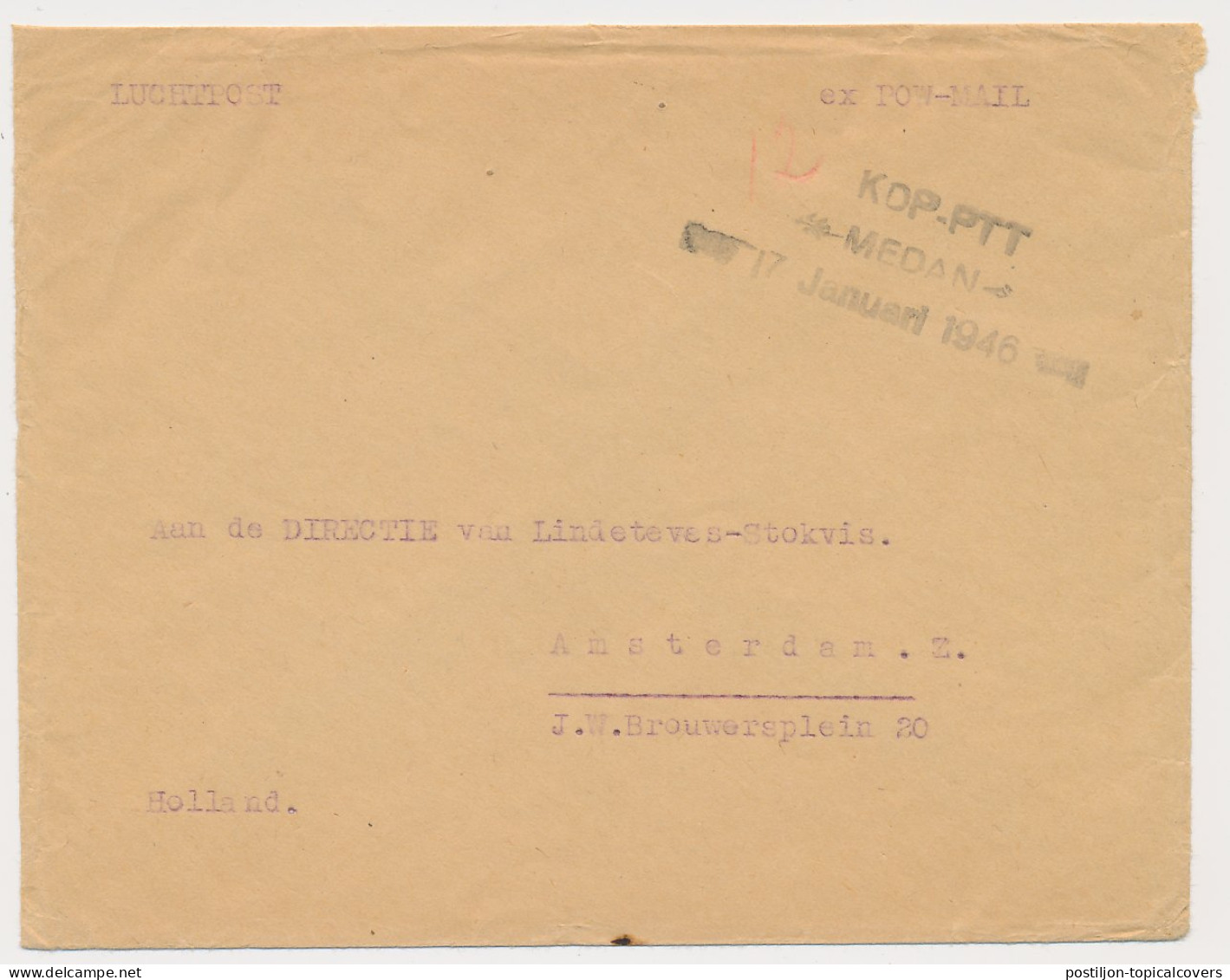 Ex POW Mail - KDP-PTT Medan Netherlands Indies - Amsterdam 1946 - Indes Néerlandaises