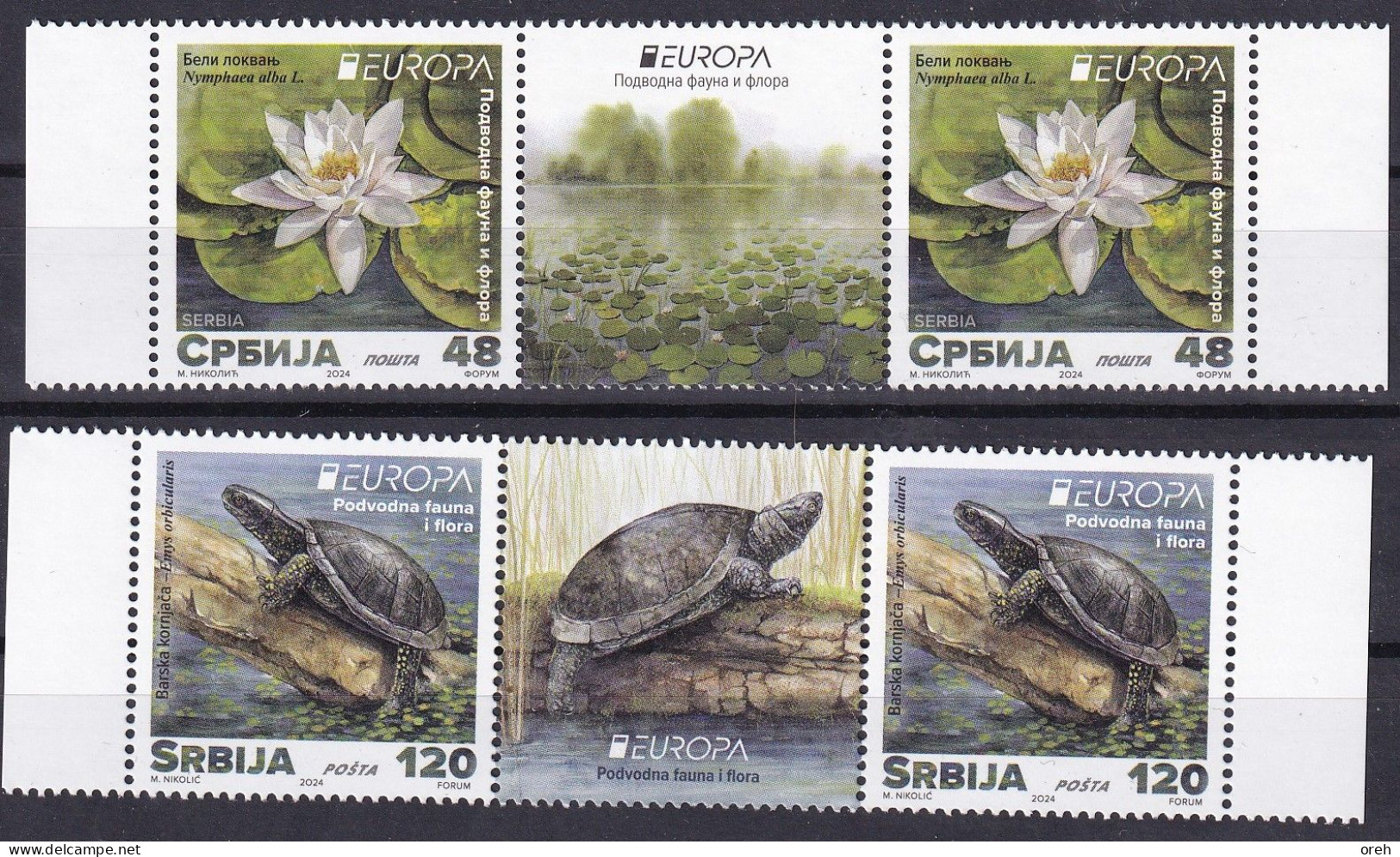 SERBIA 2024,EUROPA CEPT,Europa White Water-lily Flora Plants Pond Turtles Animals Fauna,WIGNETTE,MNH - 2024