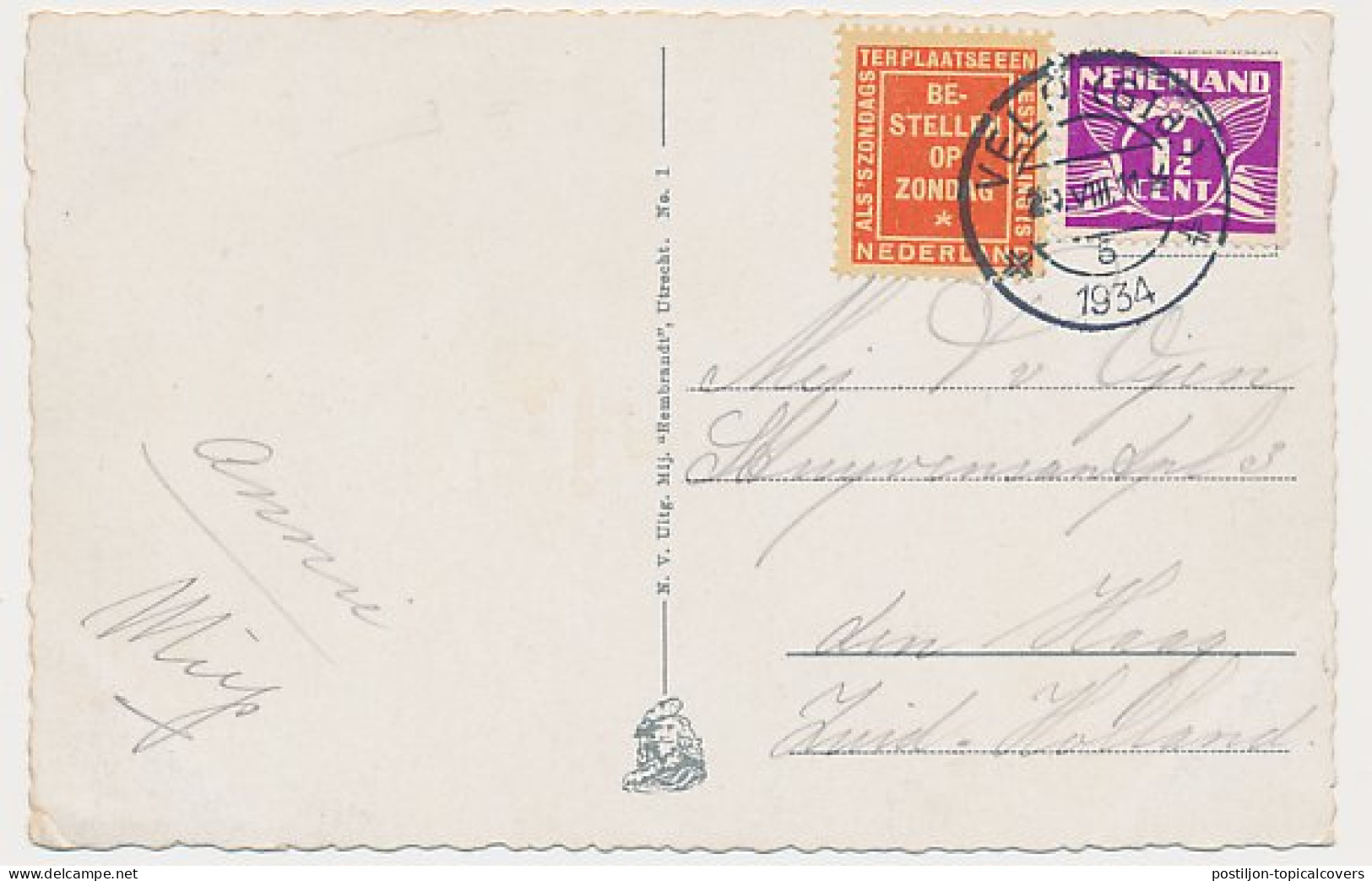 Bestellen Op Zondag - Velp - Den Haag 1934 - Lettres & Documents