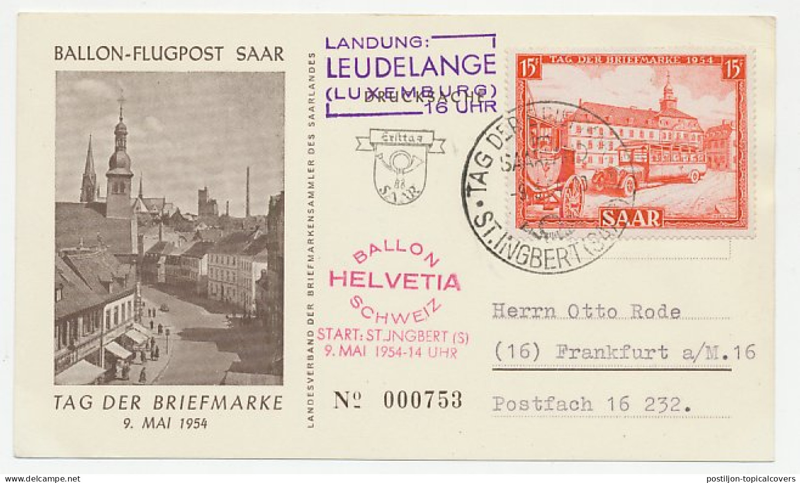 Card / Postmark Saar / Germany 1954 Air Balloon Flight - St. Ingbert Saar - Luxembourg - Flugzeuge