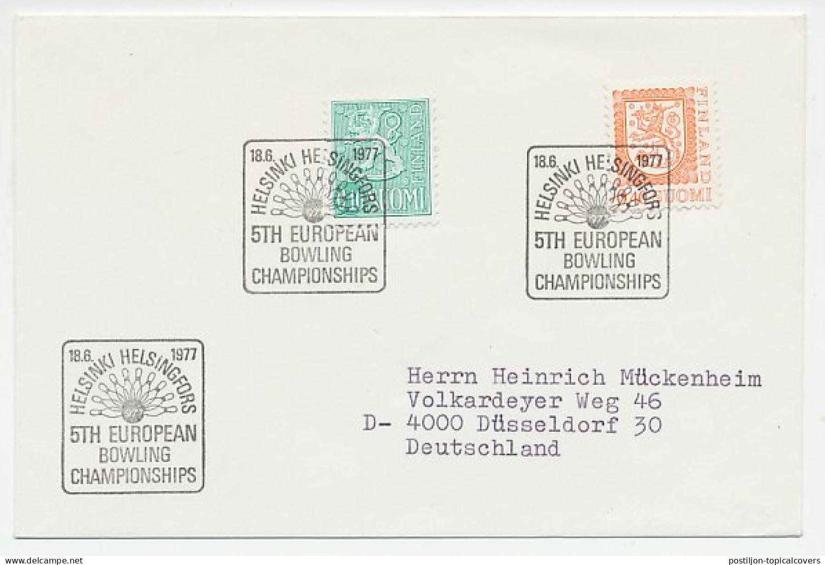 Cover / Postmark Finland 1977 Bowling - European Championships - Autres & Non Classés