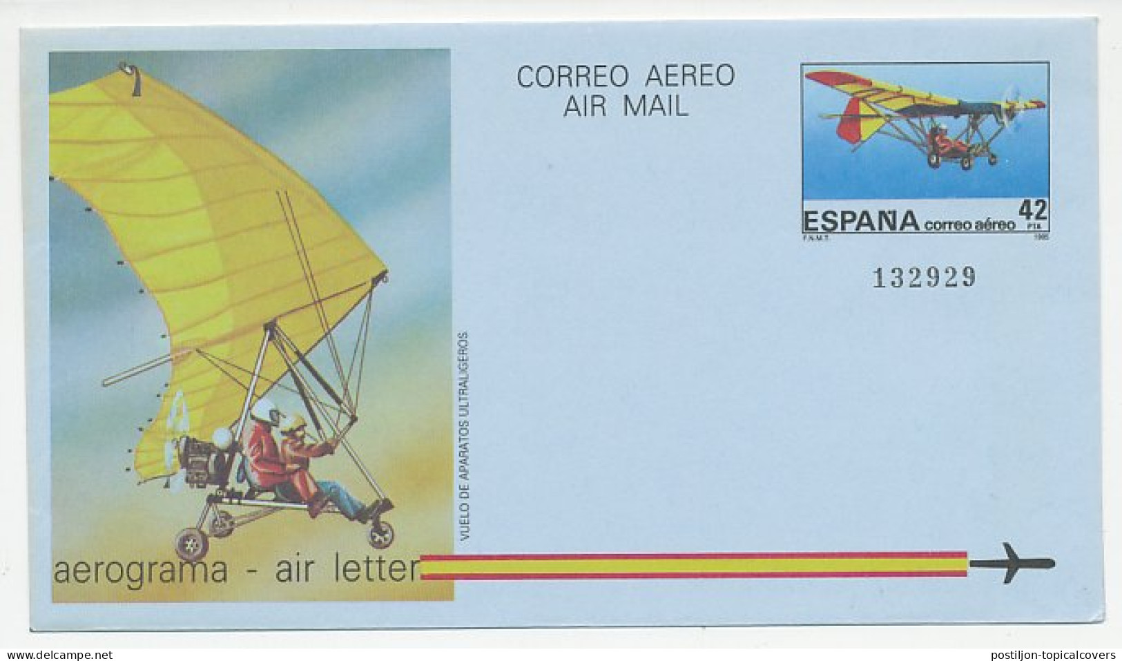 Postal Stationery Spain 1985 Motor Hang Glider - Airplanes