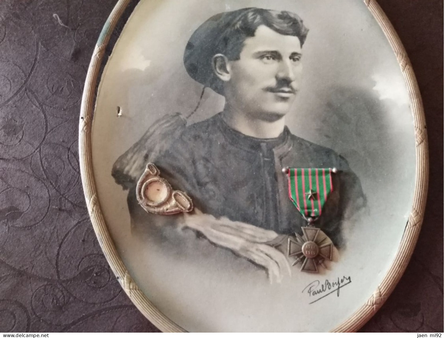 ZOUAVES : Portrait Coloré Avec Croix De Guerre 1917 + Cor ( ?) Plus Cadre Cuivre - 1914-18
