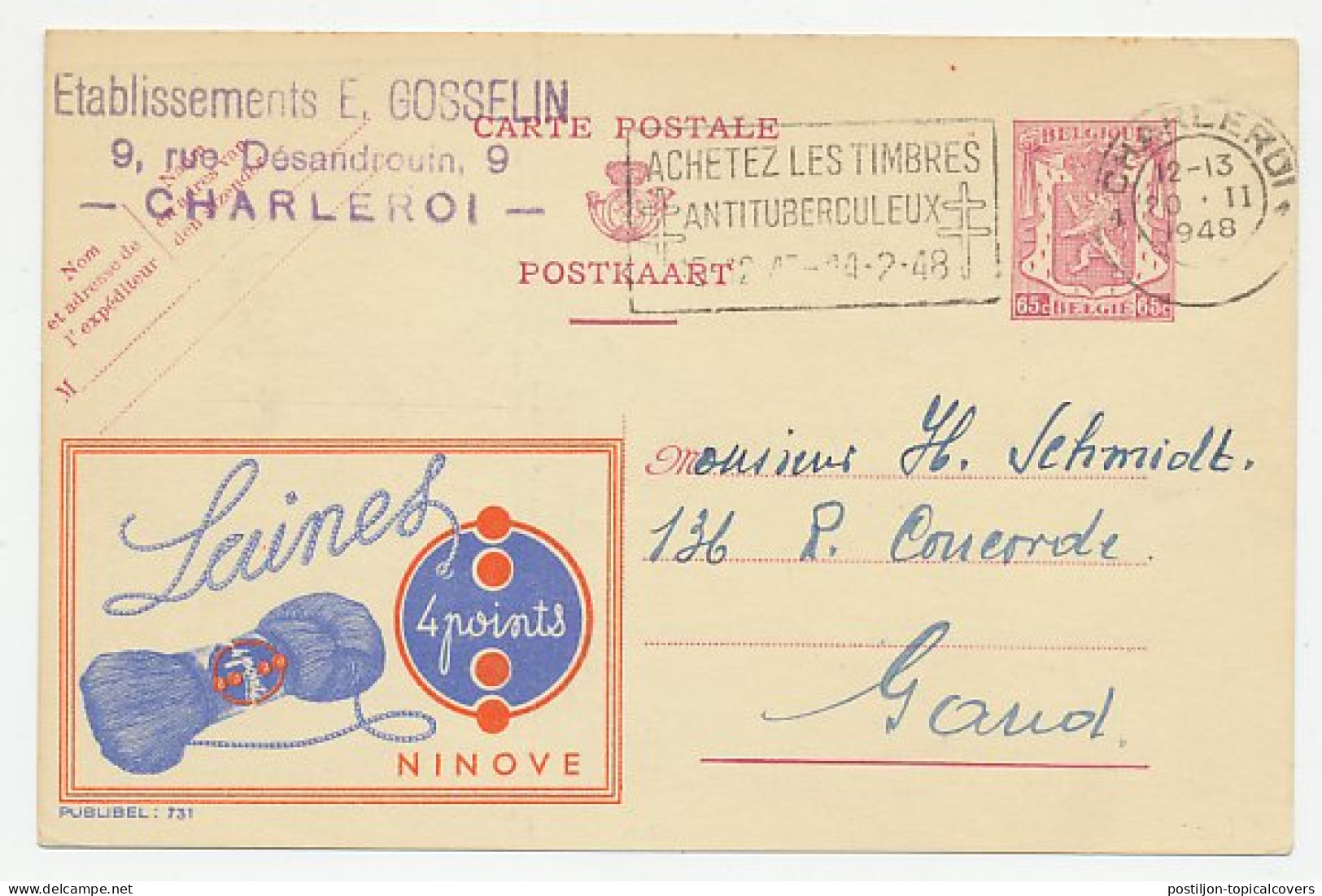 Publibel - Postal Stationery Belgium 1948 Knitting Wool - Textiel