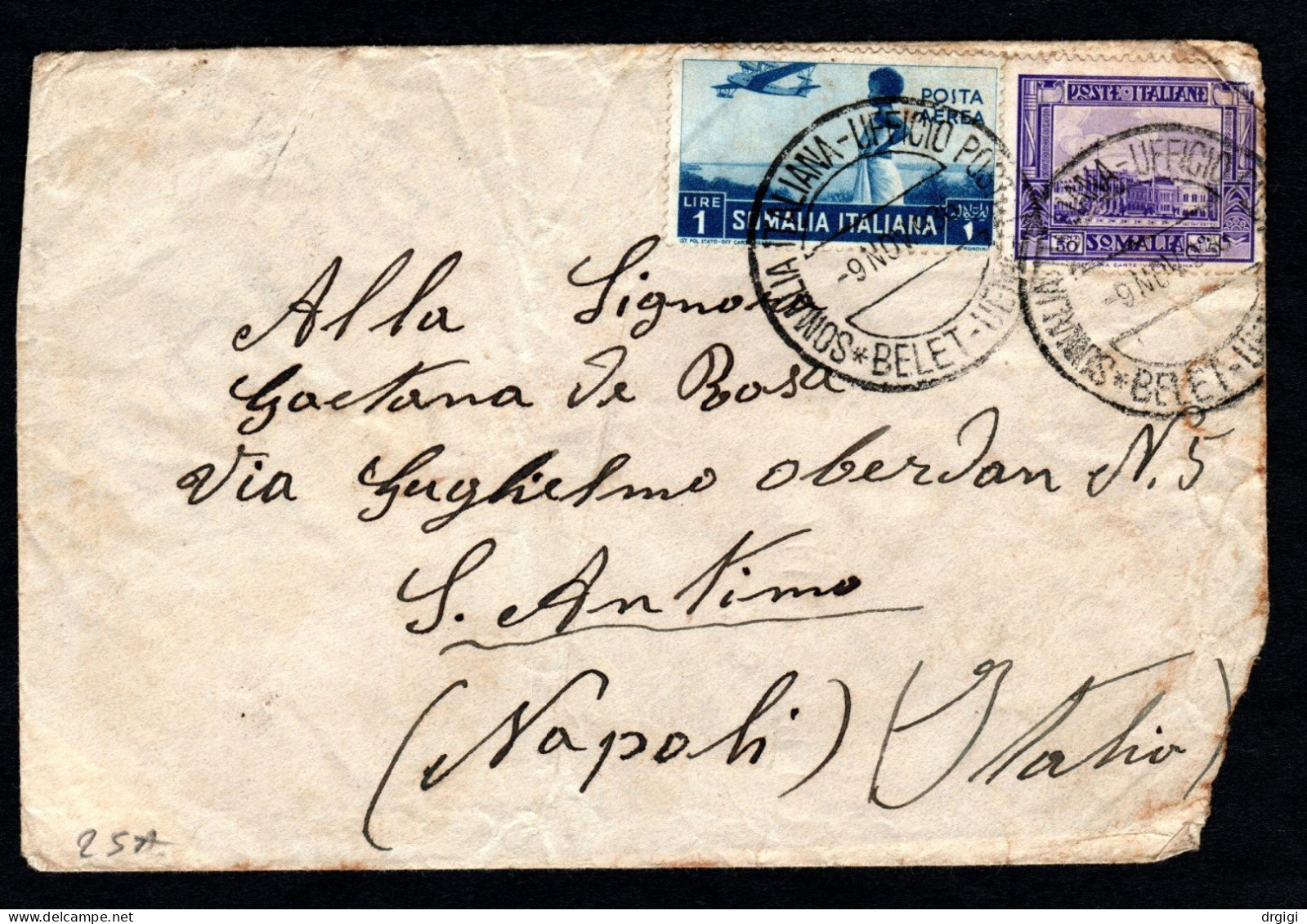 SOMALIA ITALIANA, BUSTA 1936, SASS. 221 + PA 21, U.P. BELET UEN X NAPOLI - RARO - Somalie