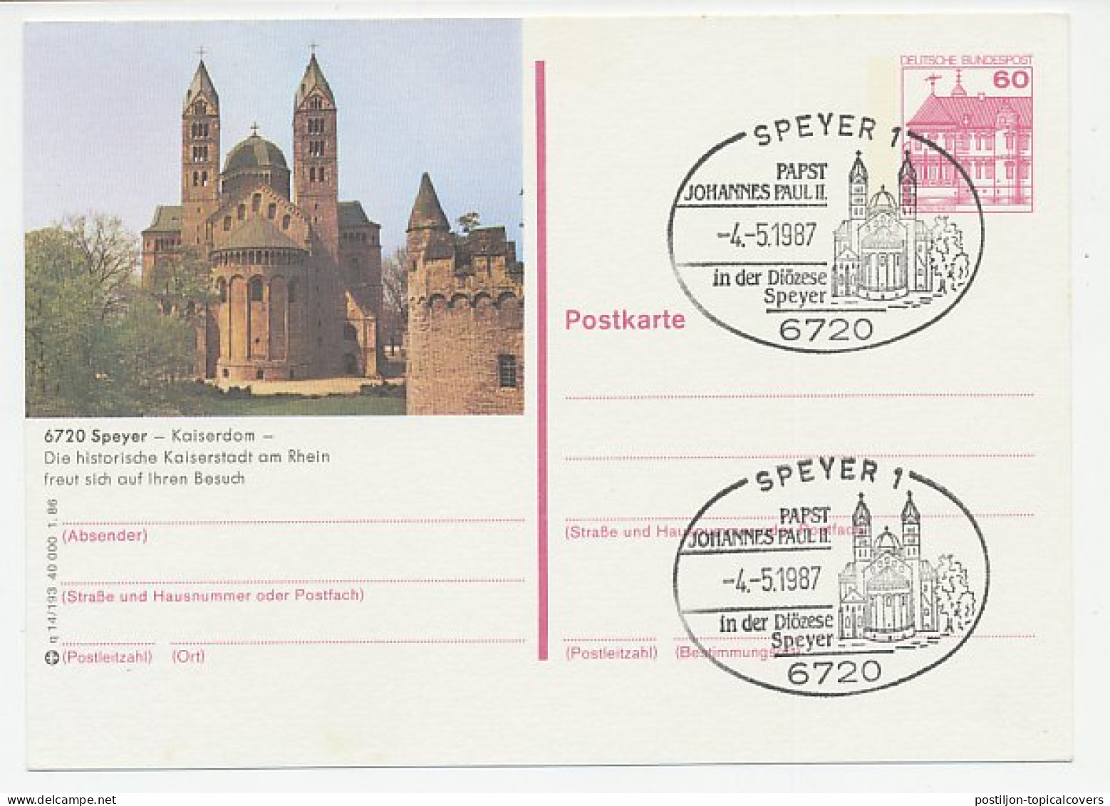 Card / Postmark Germany 1987 Church - Kaiserdom Speyer - Pope John Paul II - Autres & Non Classés