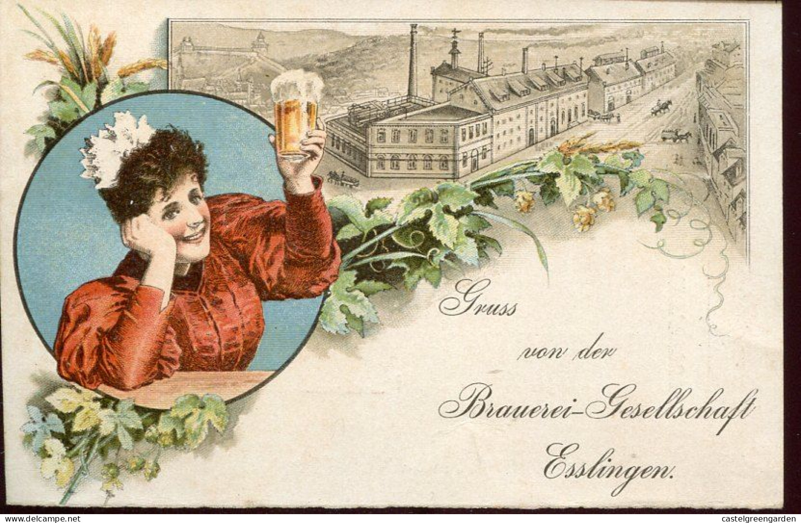 X0579 Germany 2 Pf Postcard Privat Stadtpost Stuttgart 1895 Gruss Von Der Brauerei Ges. Esslingen, Biere Bier Beer - Postwaardestukken
