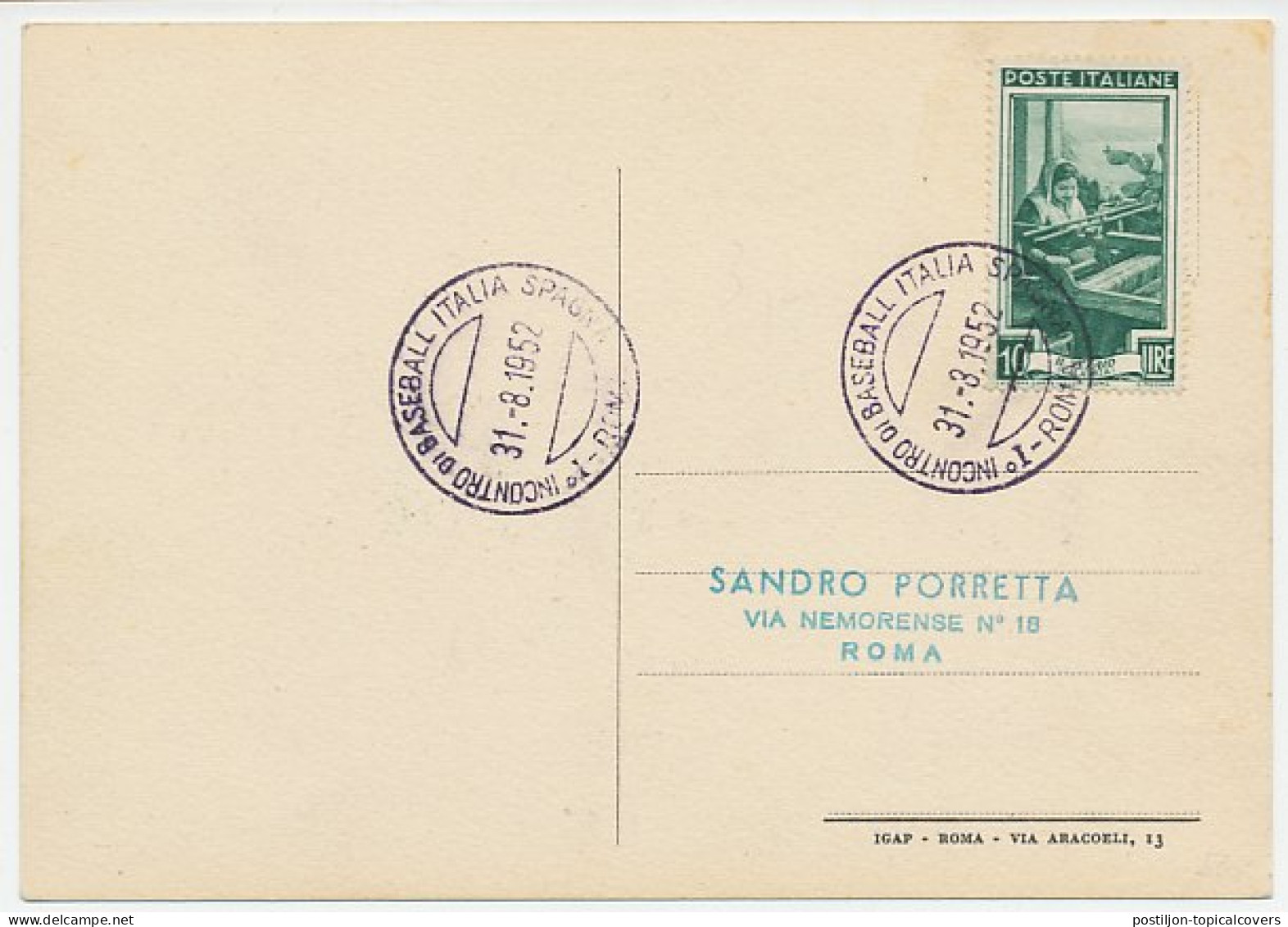 Card / Postmark Italy 1952 Baseball Italy - Spain - 1st International Game Italy - Andere & Zonder Classificatie