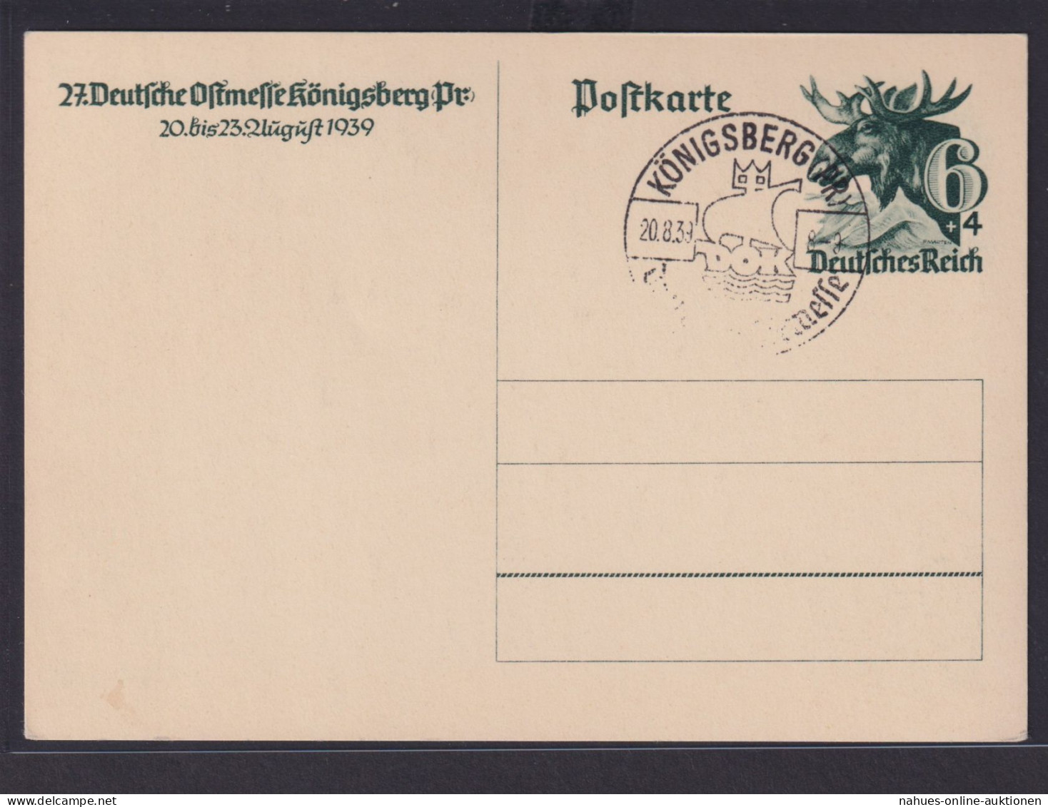 Deutsches Reich Ganzsache Königsberg Preussen Deutsche Ostmesse DOK 20.8.1939 - Briefe U. Dokumente