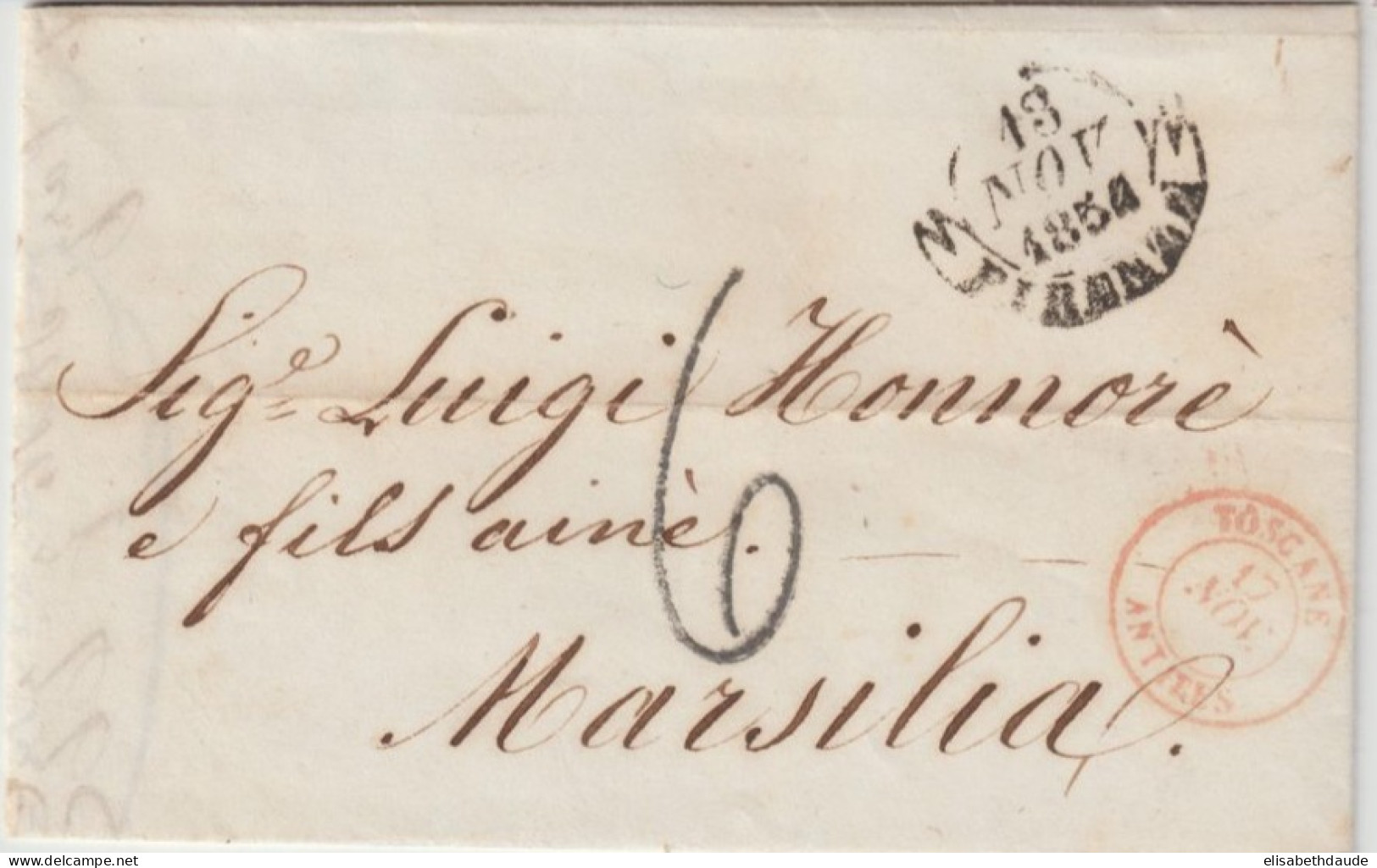 1854 - ENTREE TOSCANE ANTIBES ! / LETTRE De FIRENZA => MARSEILLE - Entry Postmarks