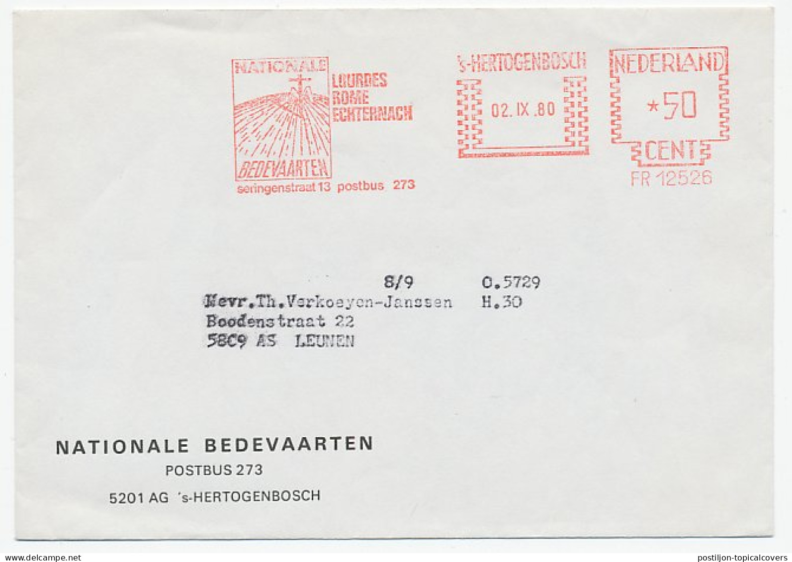 Meter Card Netherlands 1980 National Pilgrimage - Lourdes - Rome - Echternach - Other & Unclassified