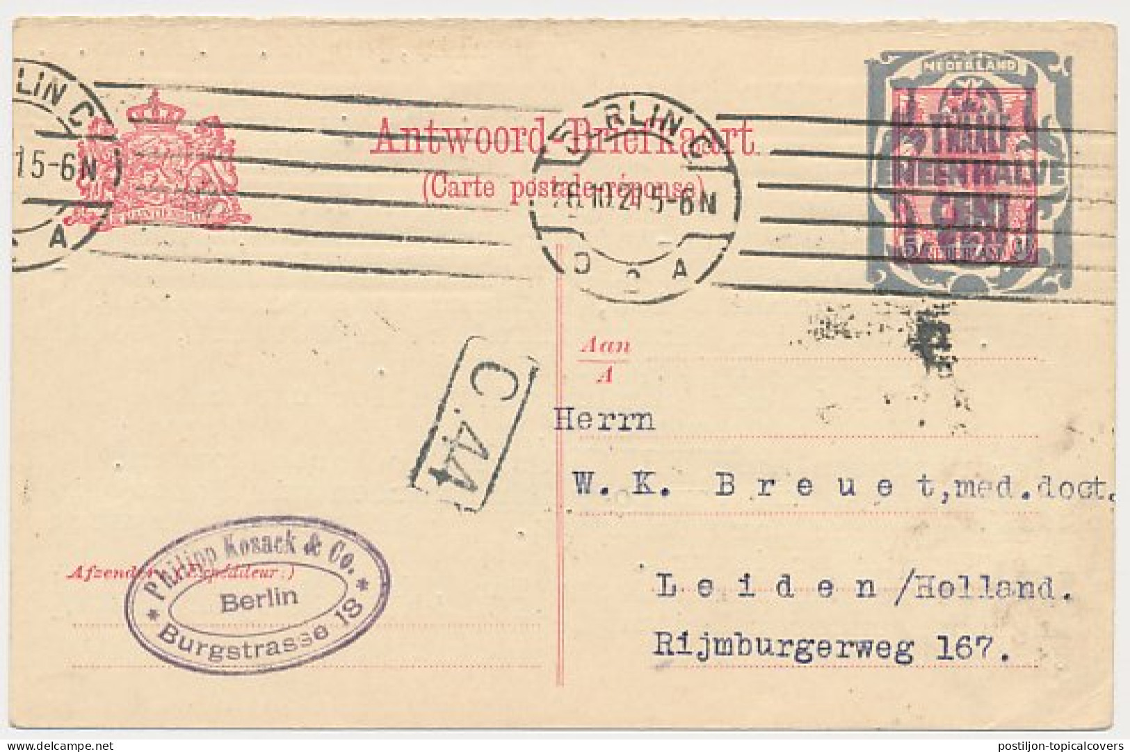 Briefkaart G. 160 A-krt. Berlijn Duitsland - Leiden 1921 - Postal Stationery