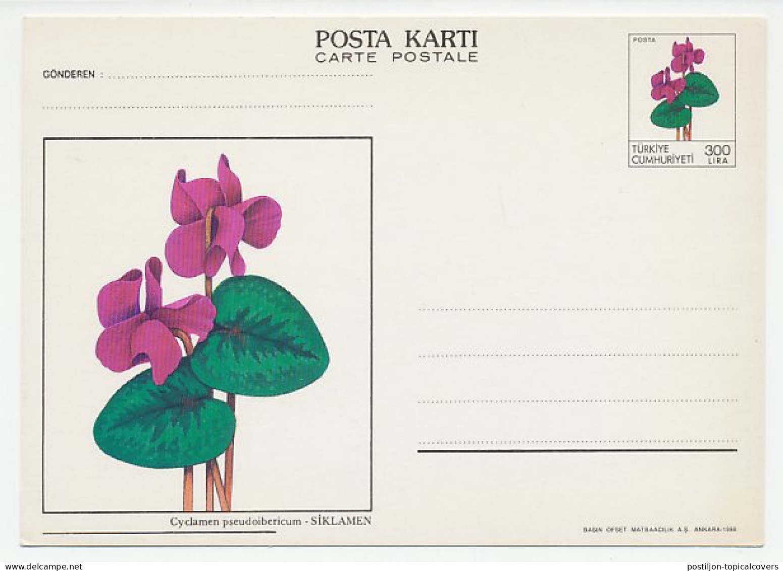 Postal Stationery Turkey 1988 Flower - Plant - Erica - Cyclamen - Other & Unclassified