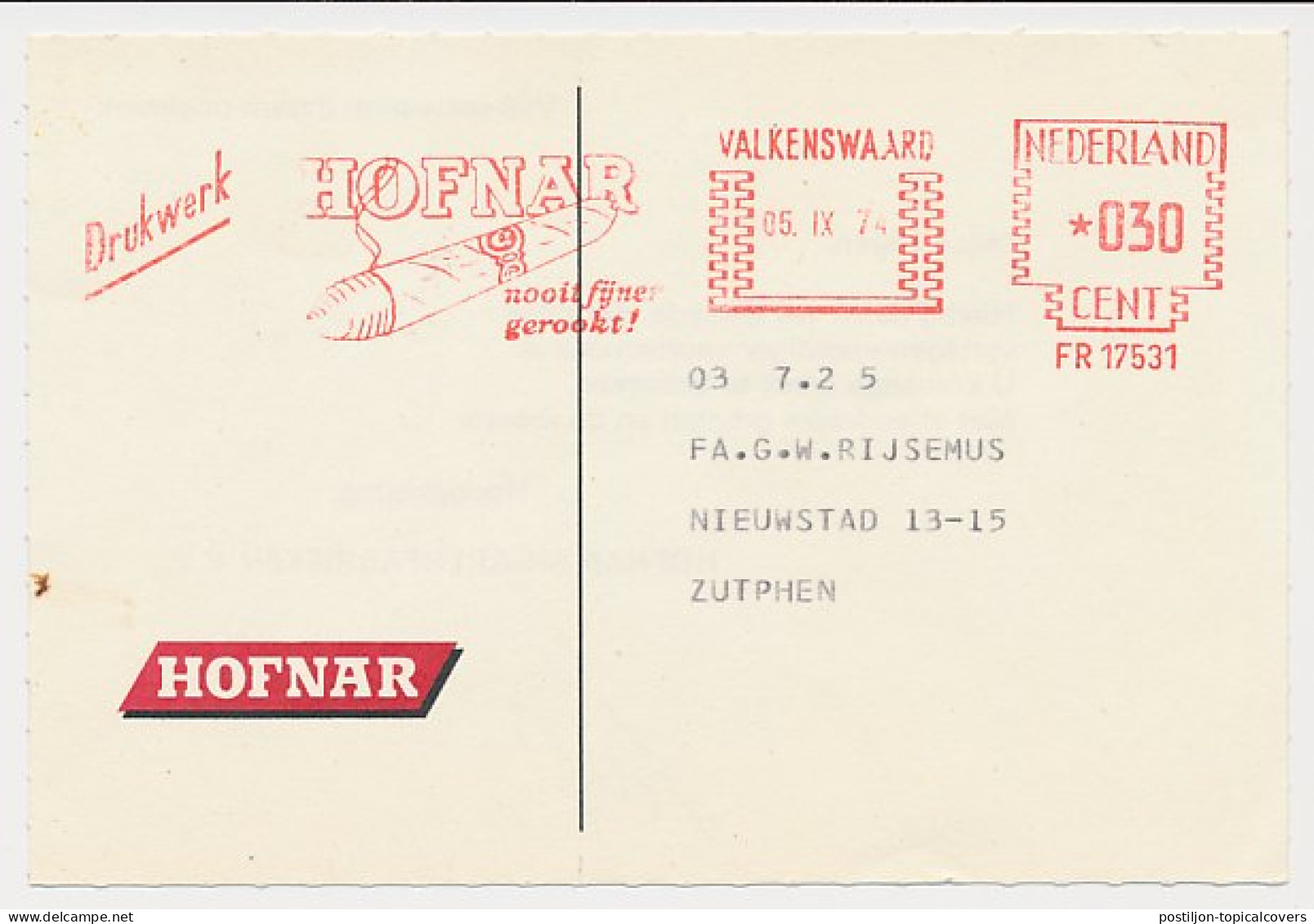 Meter Card Netherlands 1974 Cigar - Hofnar - Valkenswaard - Tobacco