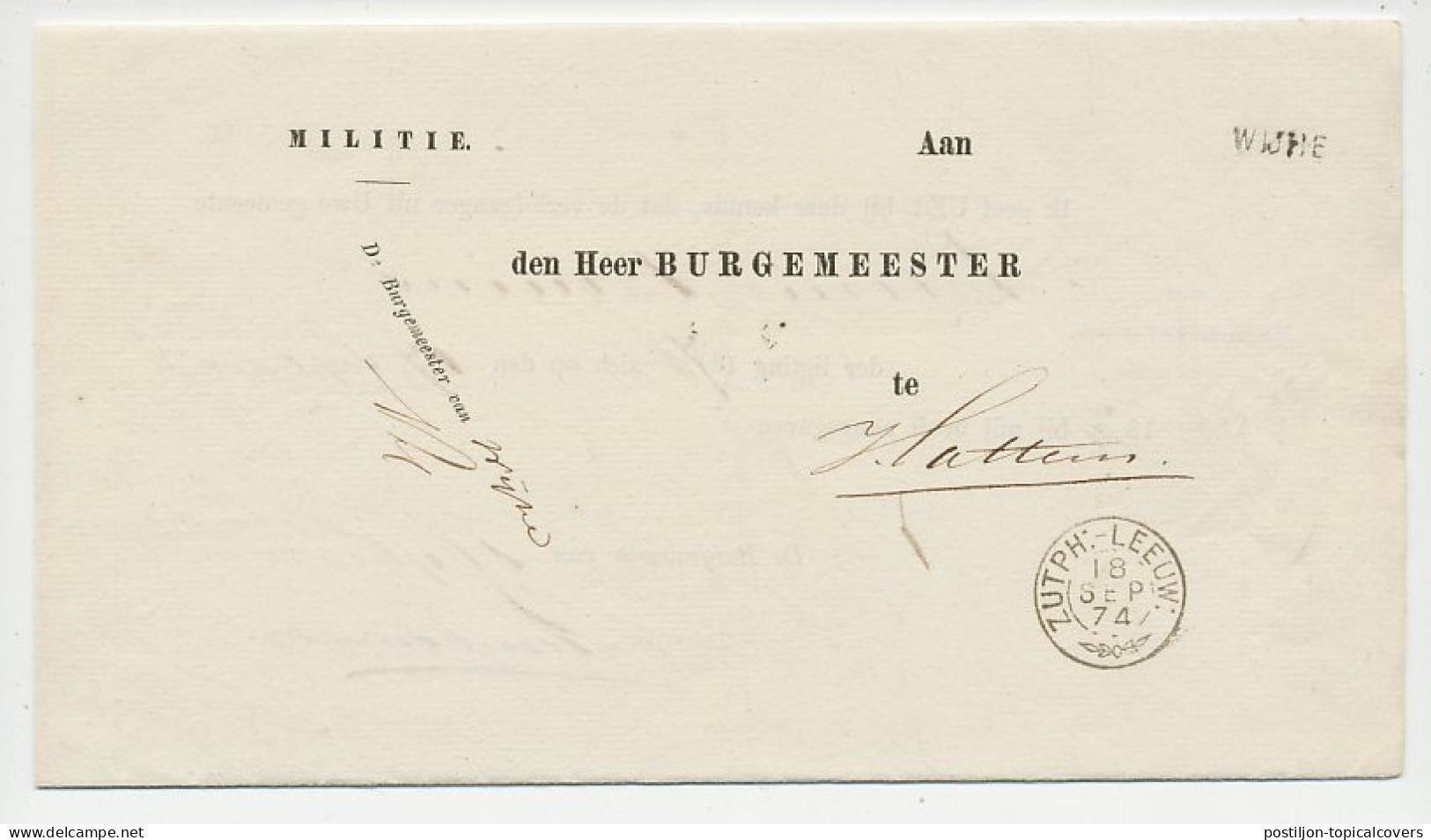 Wijhe - Trein Takjestempel Zutphen - Leeuwarden 1874 - Covers & Documents