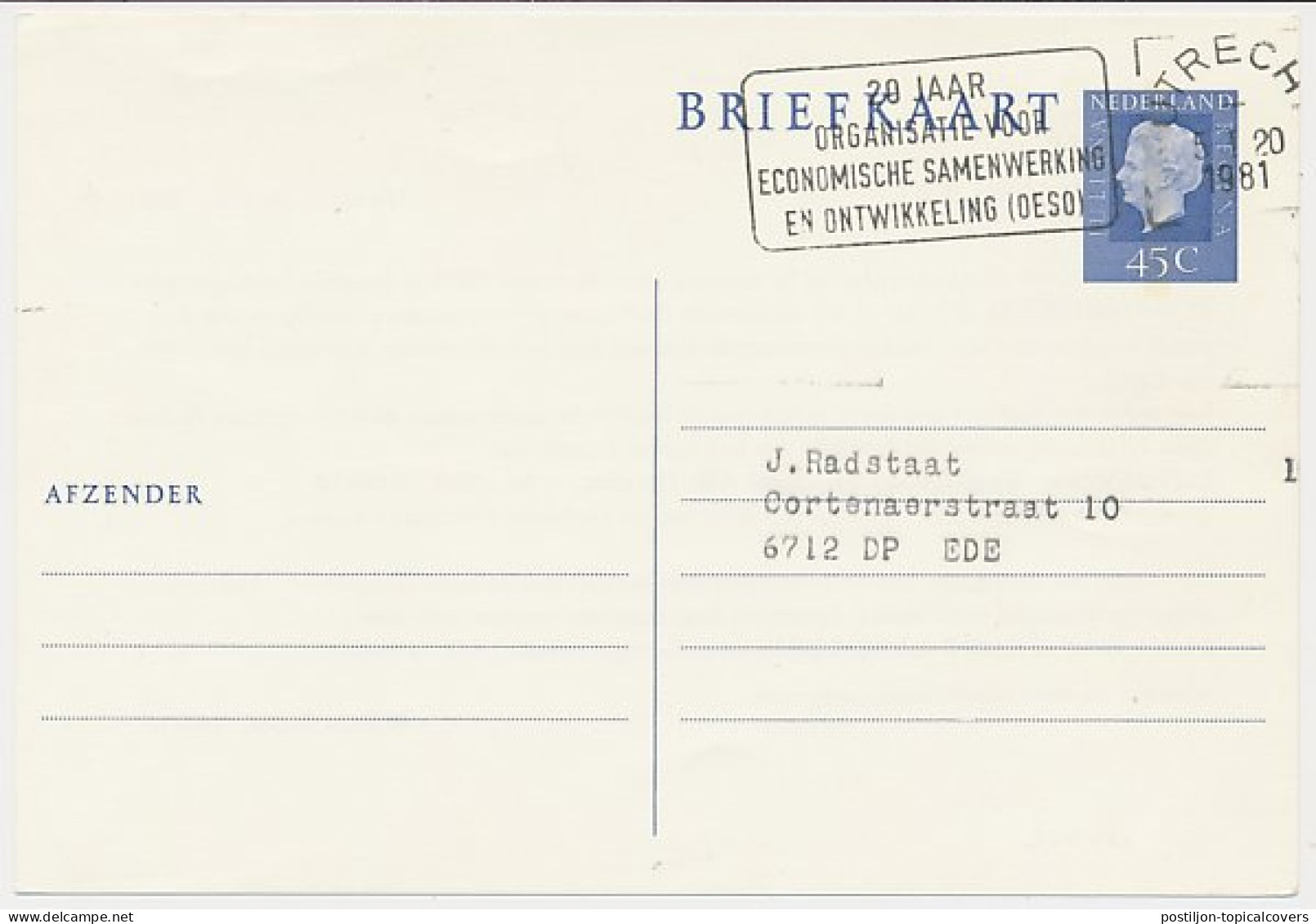 Briefkaart G. 358 B Particulier Bedrukt Utrecht 1981 - Postal Stationery