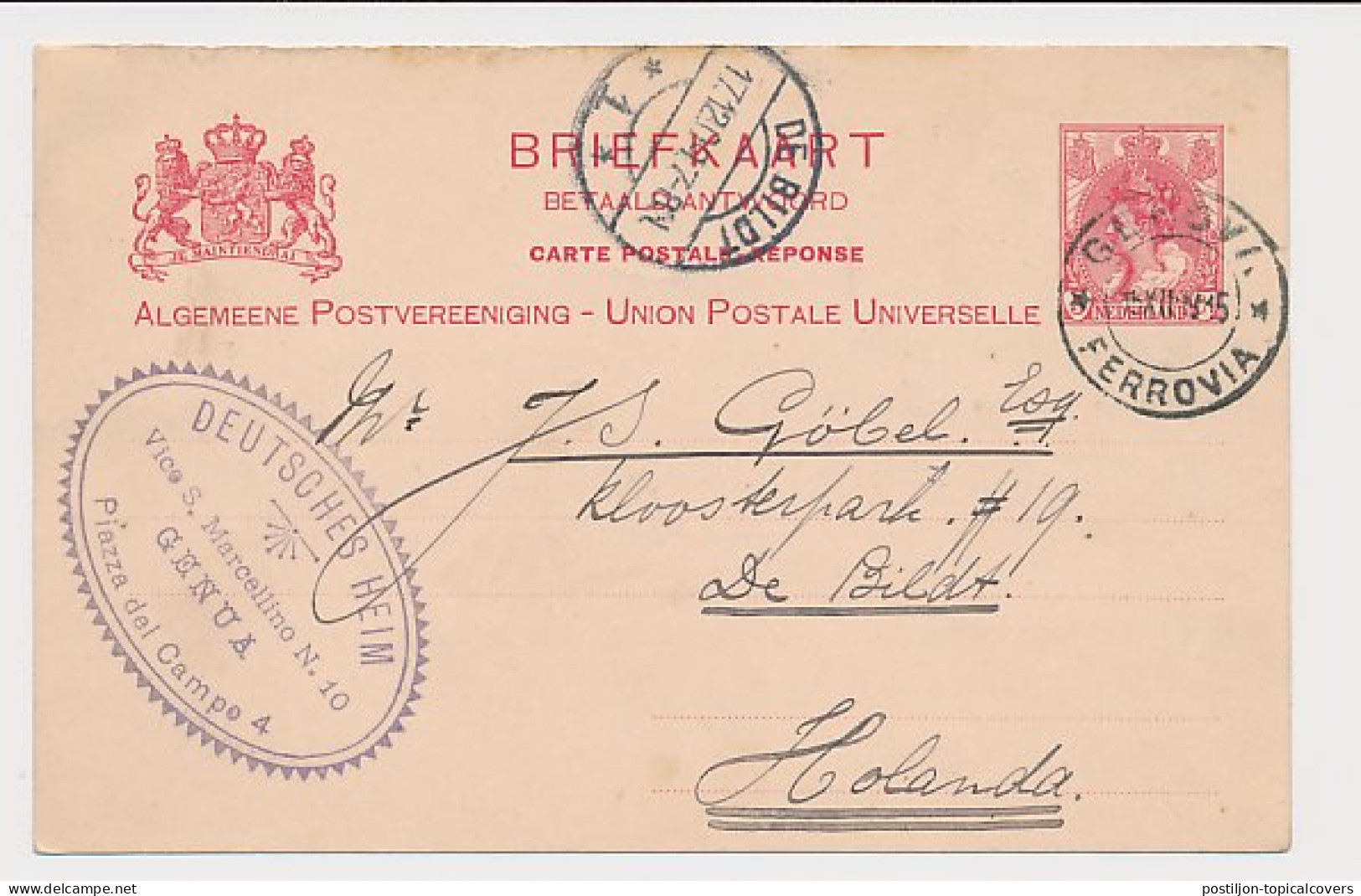 Briefkaart G. 72 Z-2 A-krt. Genua Italie - De Bildt 1909 - Postal Stationery