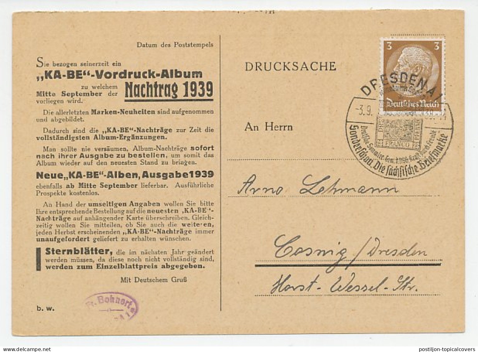 Order Card / Postmark Deutsches Reich / Germany 1938 Ka-Be - Stamp Album - Sachsen Stamp - Andere & Zonder Classificatie