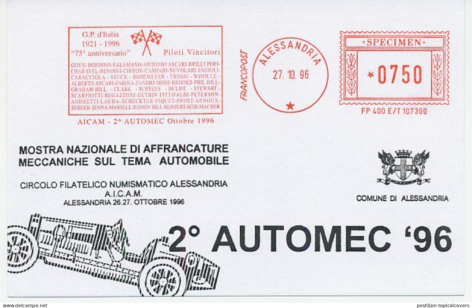 Specimen Meter Card Italy 1996 Car Race - Anniversary Grand Prix Italy - Autres & Non Classés