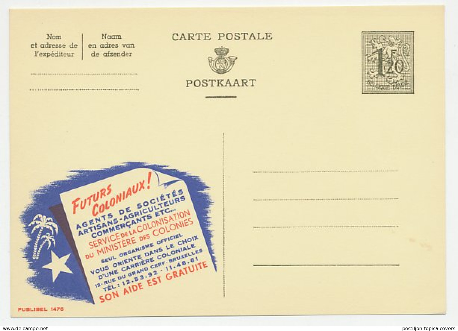 Publibel - Postal Stationery Belgium 1954 Colonization Service - Palm Tree - Star  - Unclassified