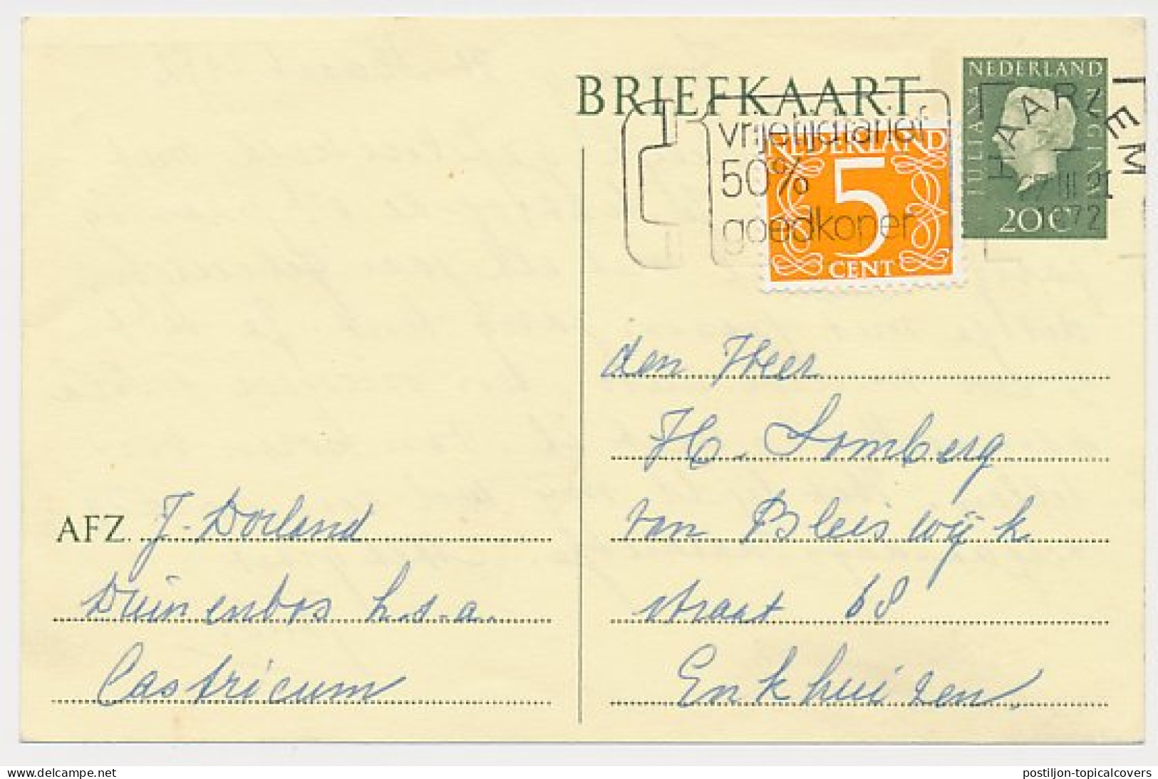 Briefkaart G. 343 A / Bijfrankering Haarlem - Enkhuizen 1972 - Postal Stationery