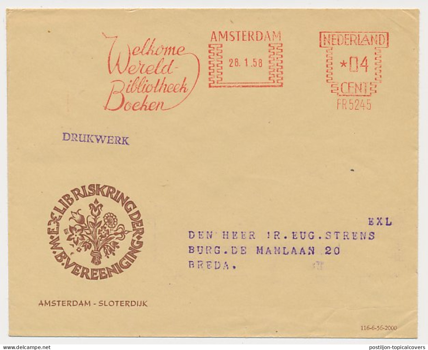 Meter Cover Netherlands 1958 World Library Books - Ex Libris - Non Classés