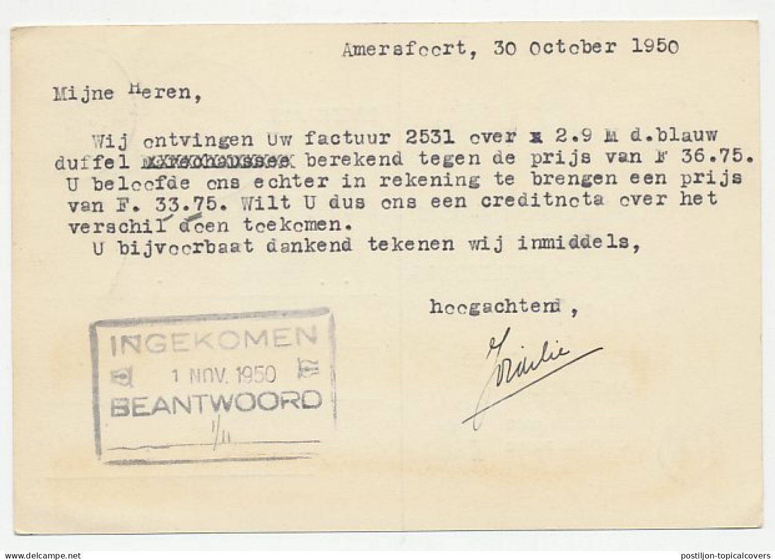 Firma Briefkaart Amersfoort 1950 - Uniformen / Rijkleding - Non Classés