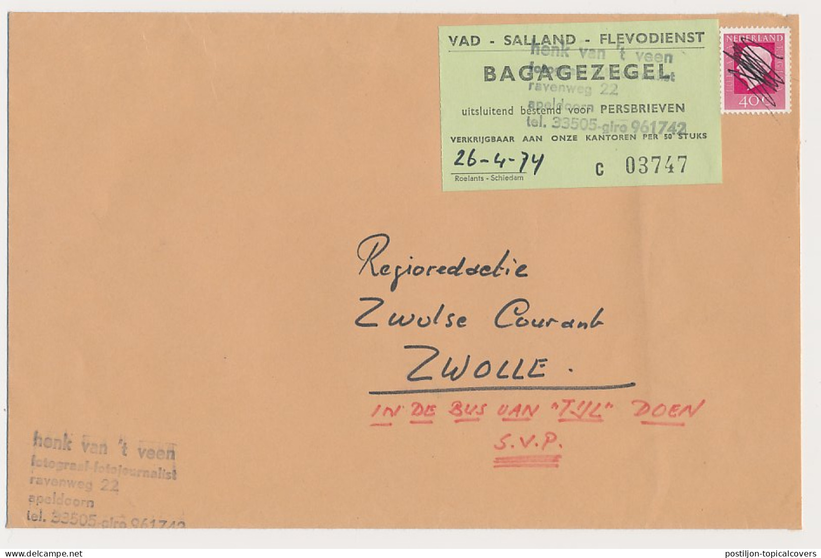 Apeldoorn - Zwolle 1974 - VAD Bagagezegel Voor Persbrieven - Zonder Classificatie