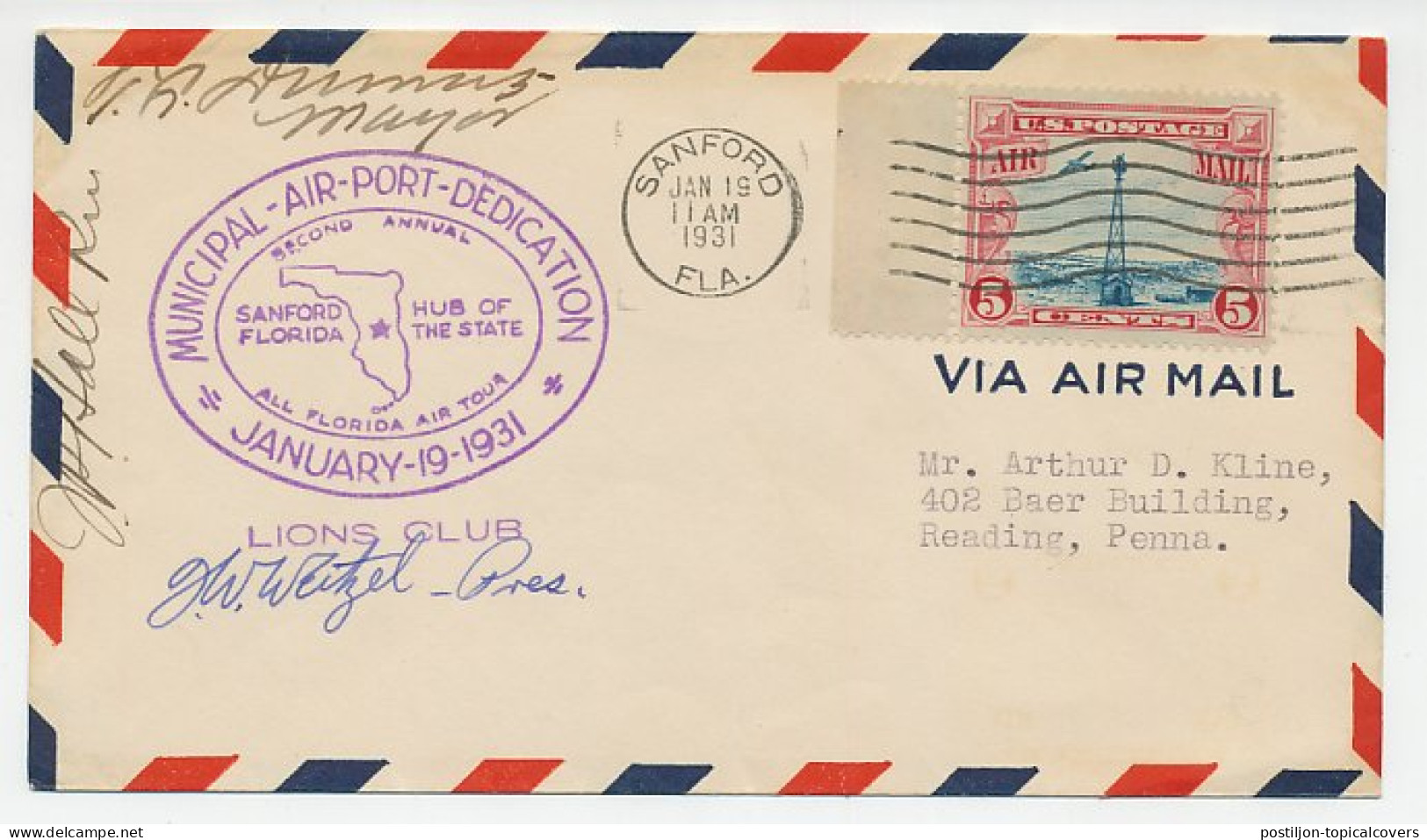 Cover / Postmark USA 1931 Lions Club - Municipal Air Port Dedication - Rotary, Lions Club