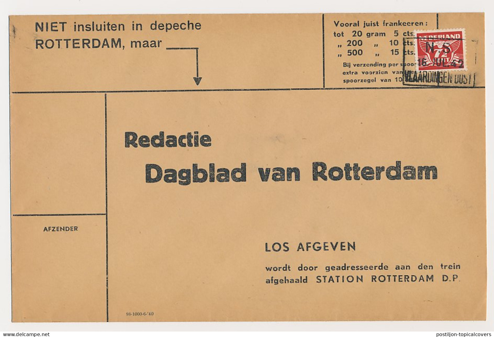 Spoorweg Poststuk Vlaardingen - Rotterdam 1942 - Non Classés