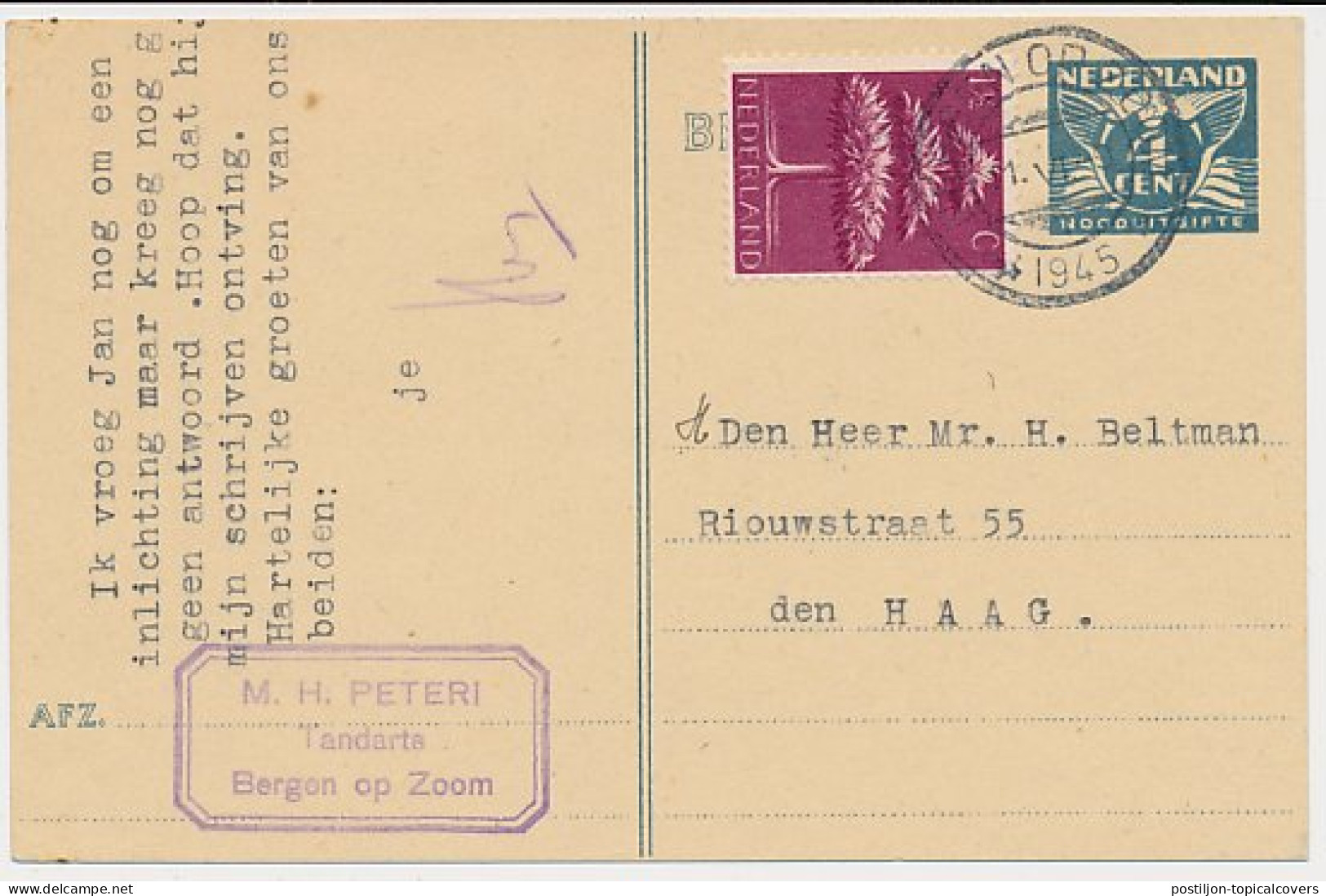 Briefkaart G. 276 A / Bijfrank. Bergen Op Zoom 1945 - ( Open 4 ) - Entiers Postaux