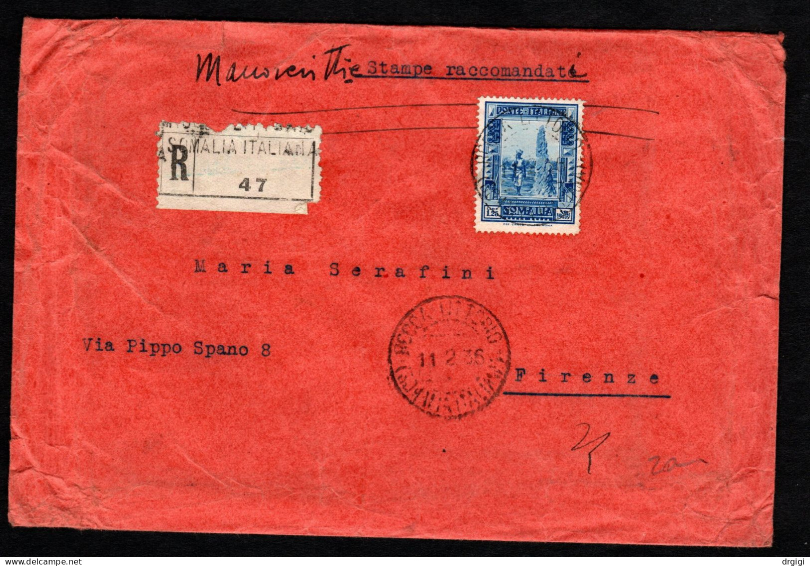 SOMALIA ITALIANA, BUSTA 1936, SASS. 223, ROCCA LITTORIO X FIRENZE - MOLTO RARO - Somalia