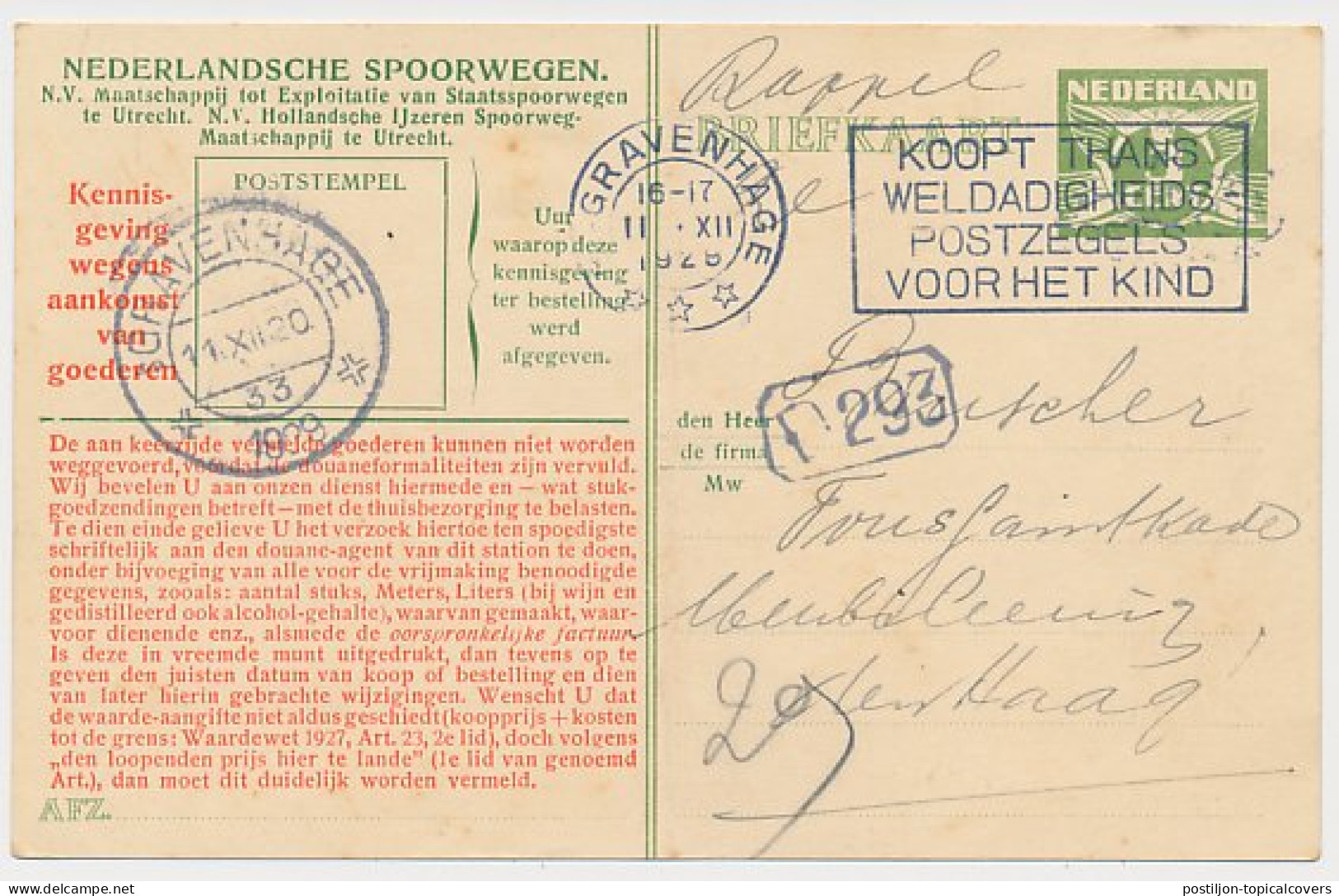 Spoorwegbriefkaart G. NS222 O - Locaal Te S Gravenhage 1929 - Entiers Postaux