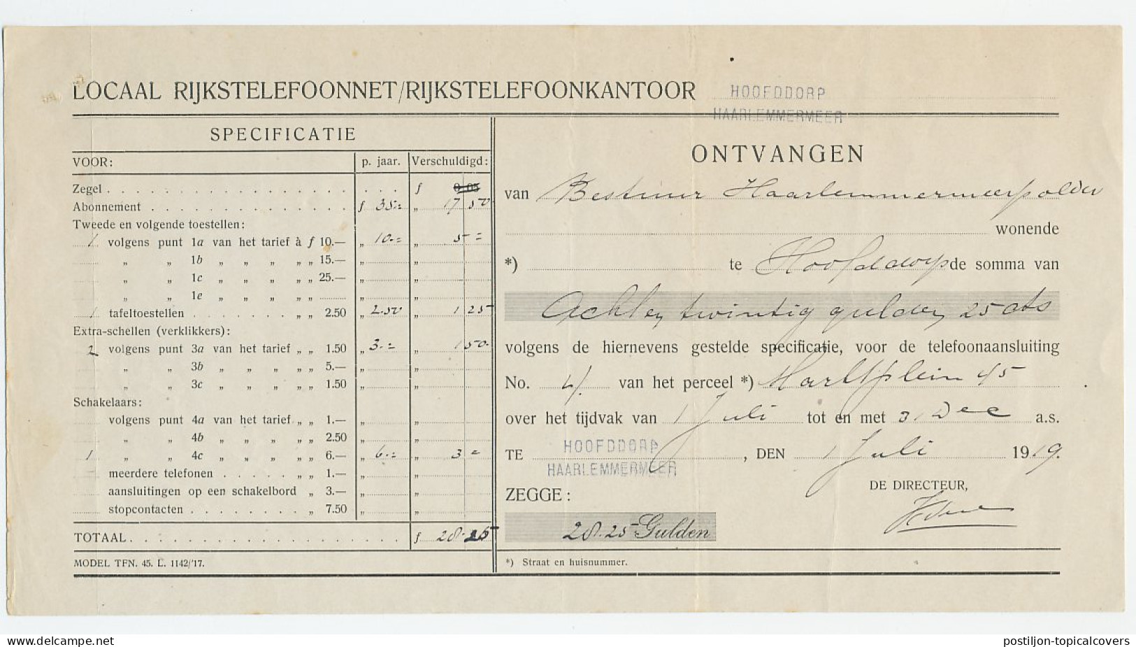 Hoofddorp Haarlemmermeer 1919 - Kwitantie Rijkstelefoon - Zonder Classificatie