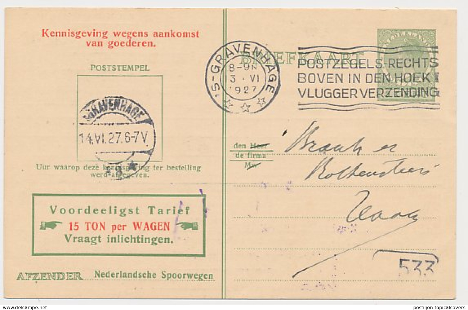 Spoorwegbriefkaart G. NS216 J - Locaal Te S Gravenhage 1927 - Ganzsachen