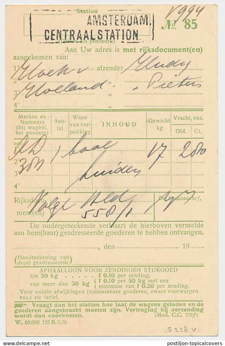 Spoorwegbriefkaart G. NS228 V - Locaal Te Amsterdam 1937 - Postwaardestukken