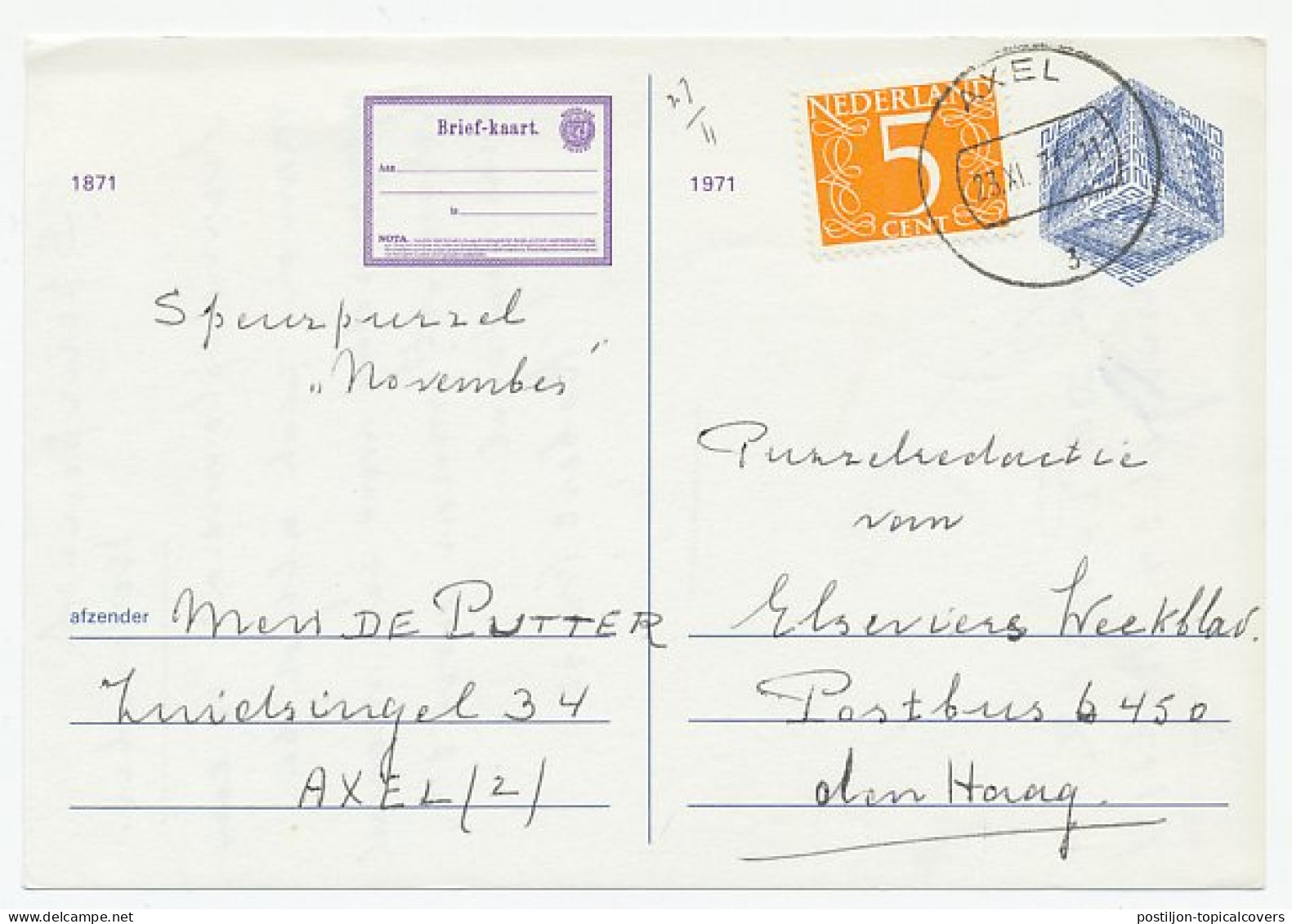 Briefkaart G. 346 / Bijfrankering Axel - Den Haag 1971 - Material Postal