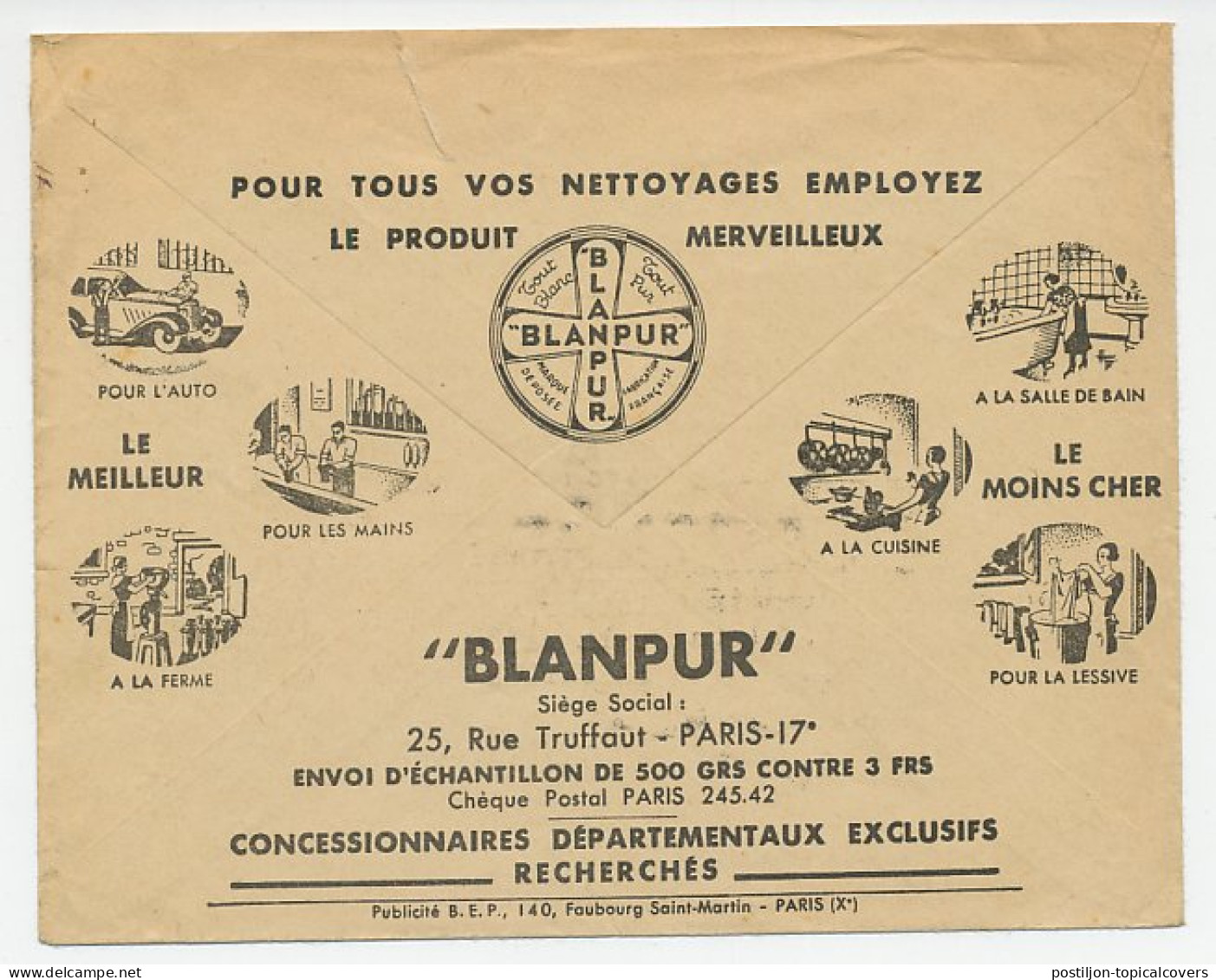Postal Cheque Cover France ( 1936 ) Cleaning Product - Blanpur - Car - Kitchen - Farm - Bathroom  - Non Classés