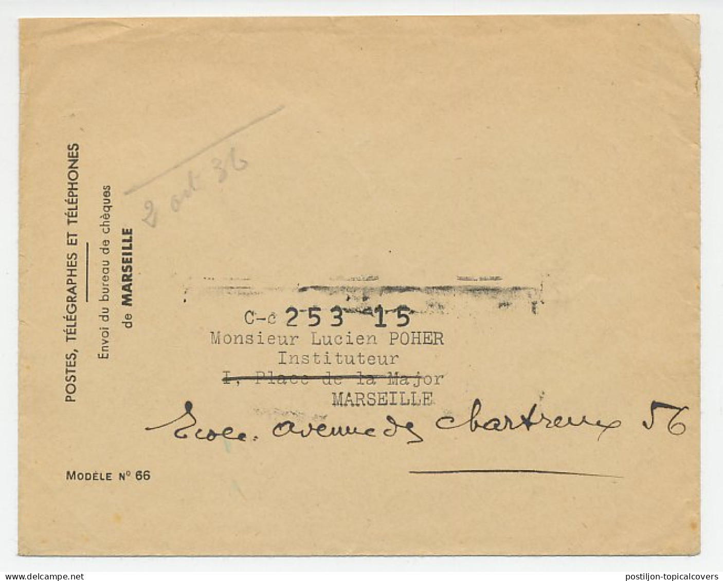 Postal Cheque Cover France ( 1936 ) Cleaning Product - Blanpur - Car - Kitchen - Farm - Bathroom  - Zonder Classificatie