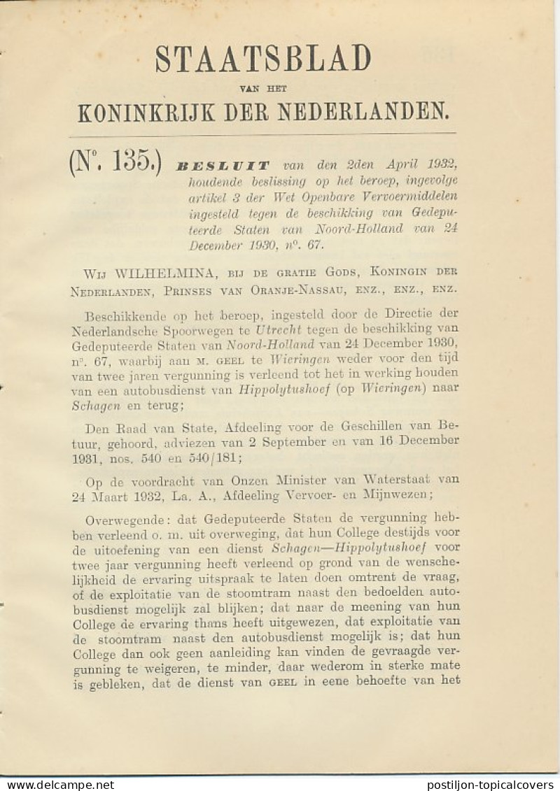 Staatsblad 1932 : Autobusdienst Hippolytushoef - Schagen - Historical Documents