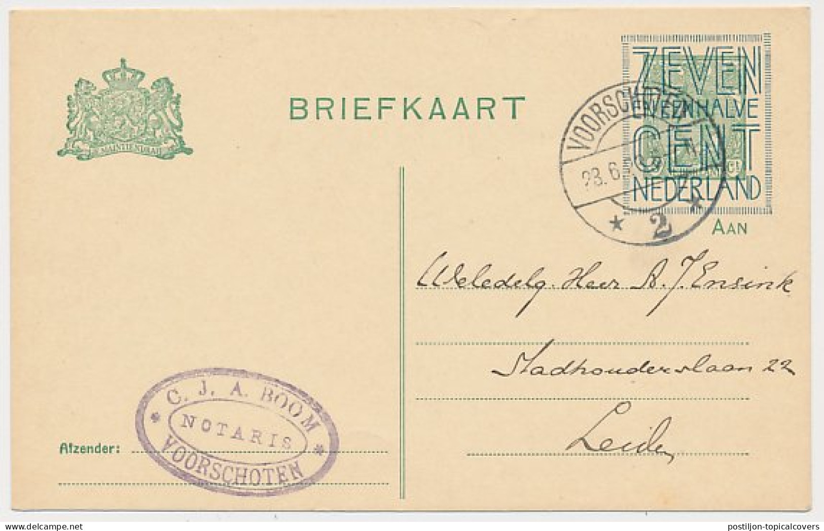 Briefkaart G. 131 I Voorschoten - Leiden 1923 - Entiers Postaux