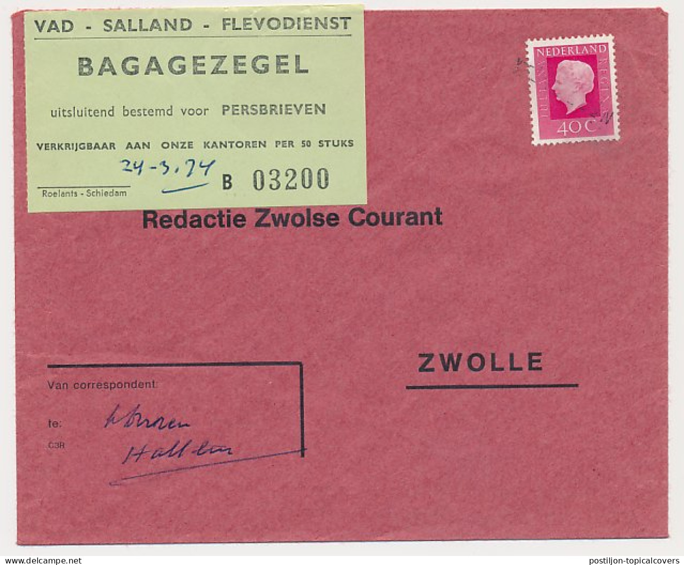Hattem - Zwolle 1974 - VAD Bagagezegel Voor Persbrieven - Zonder Classificatie