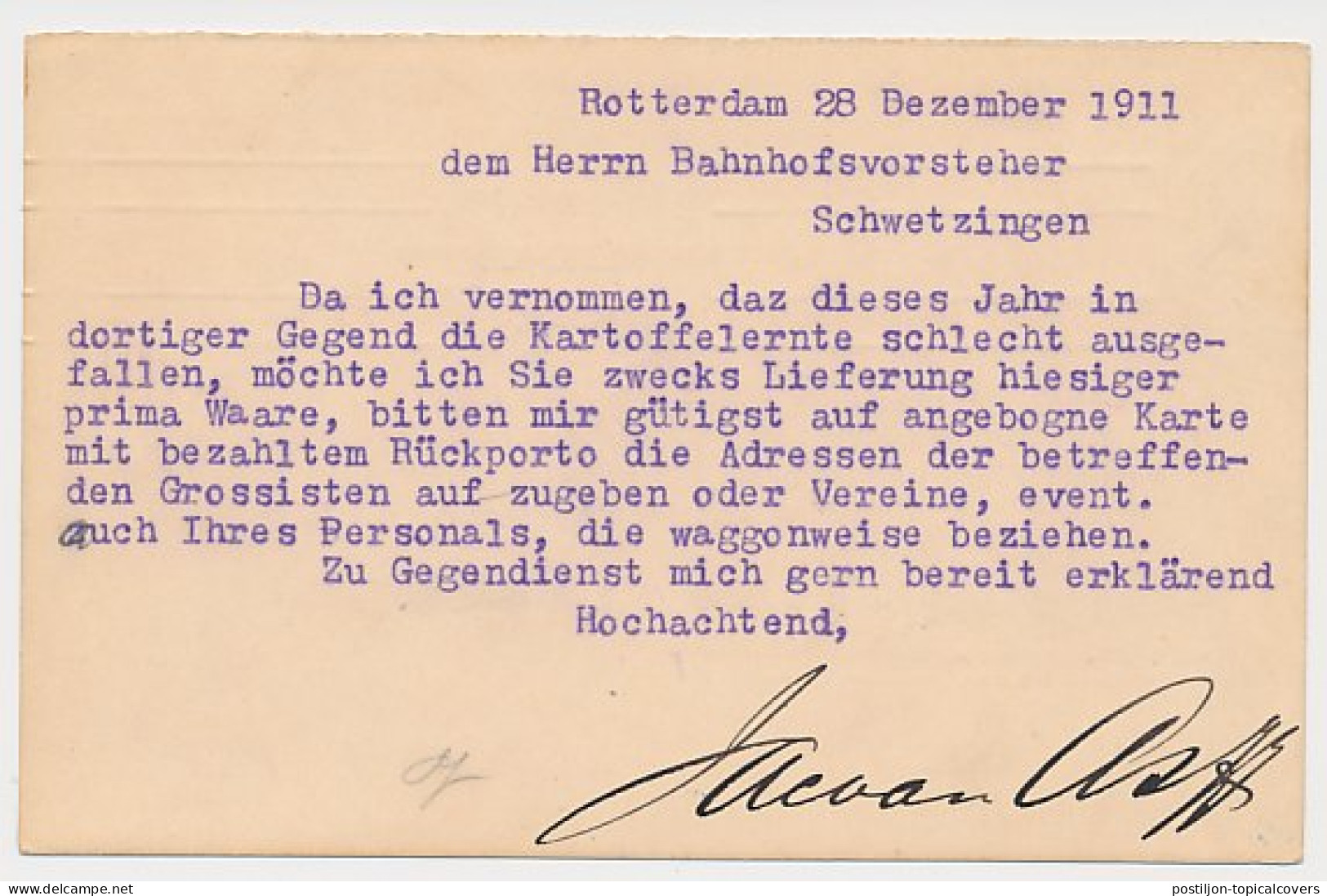 Briefkaart G. 77 Z-1 V-krt. Rotterdam - Duitsland 1911 - Entiers Postaux