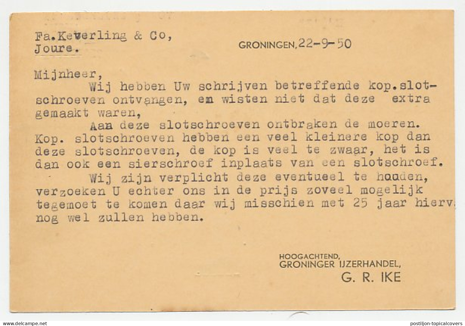 Firma Briefkaart Groningen 1950 - IJzerhandel  - Unclassified