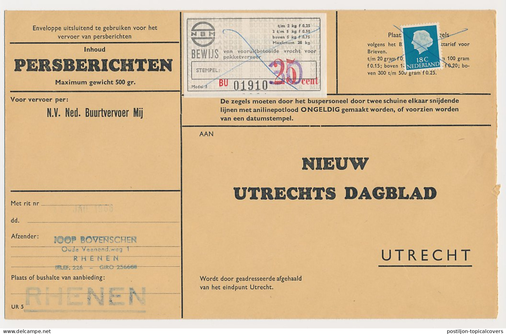 Rhenen - Utrecht 1966 - Persbericht - NBM Vrachtzegel 30 Cent - Ohne Zuordnung