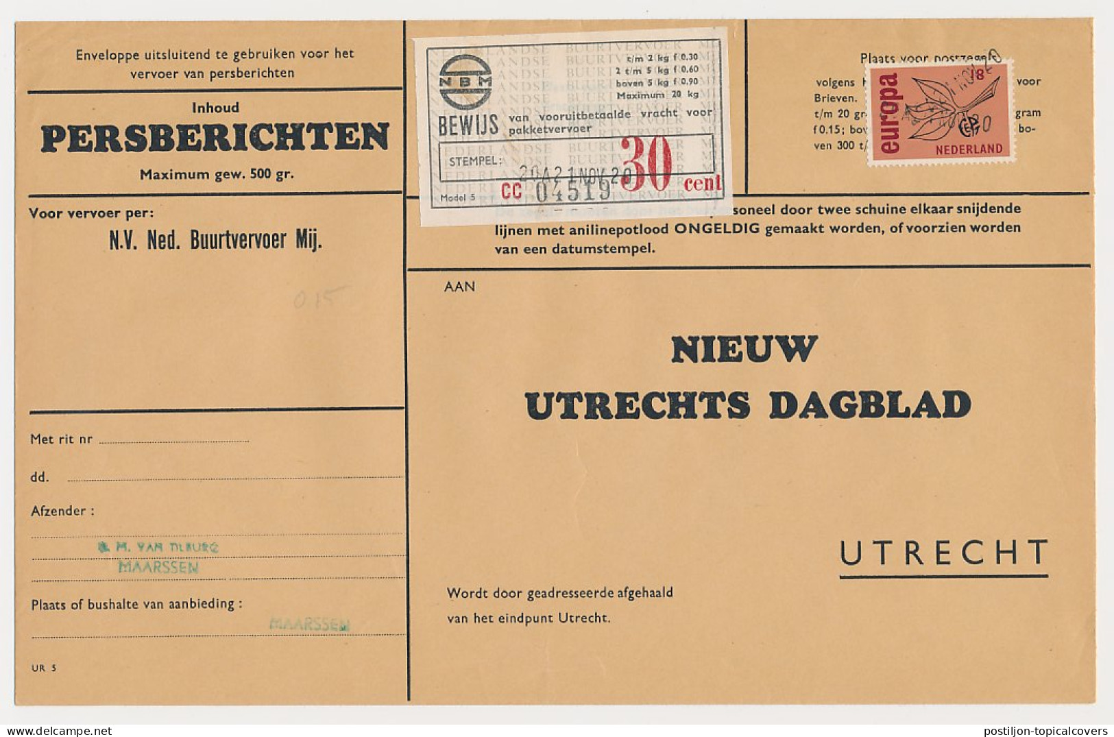 Maarssen - Utrecht Persbericht - NBM Vrachtzegel 30 Cent - Unclassified